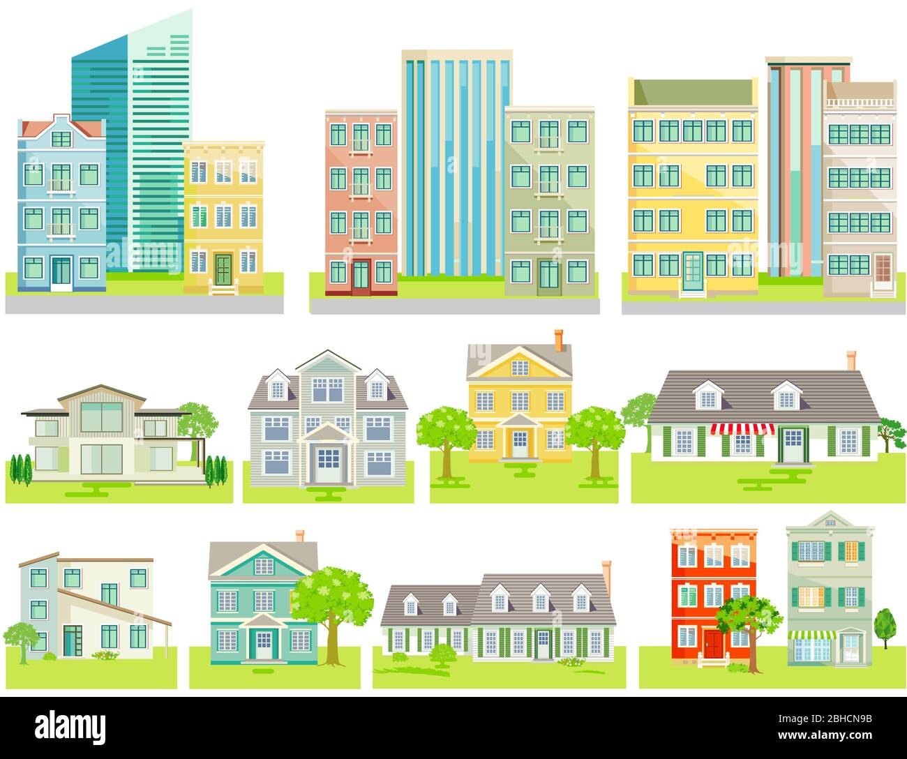City with colorful houses and pedestrians Stock Vector