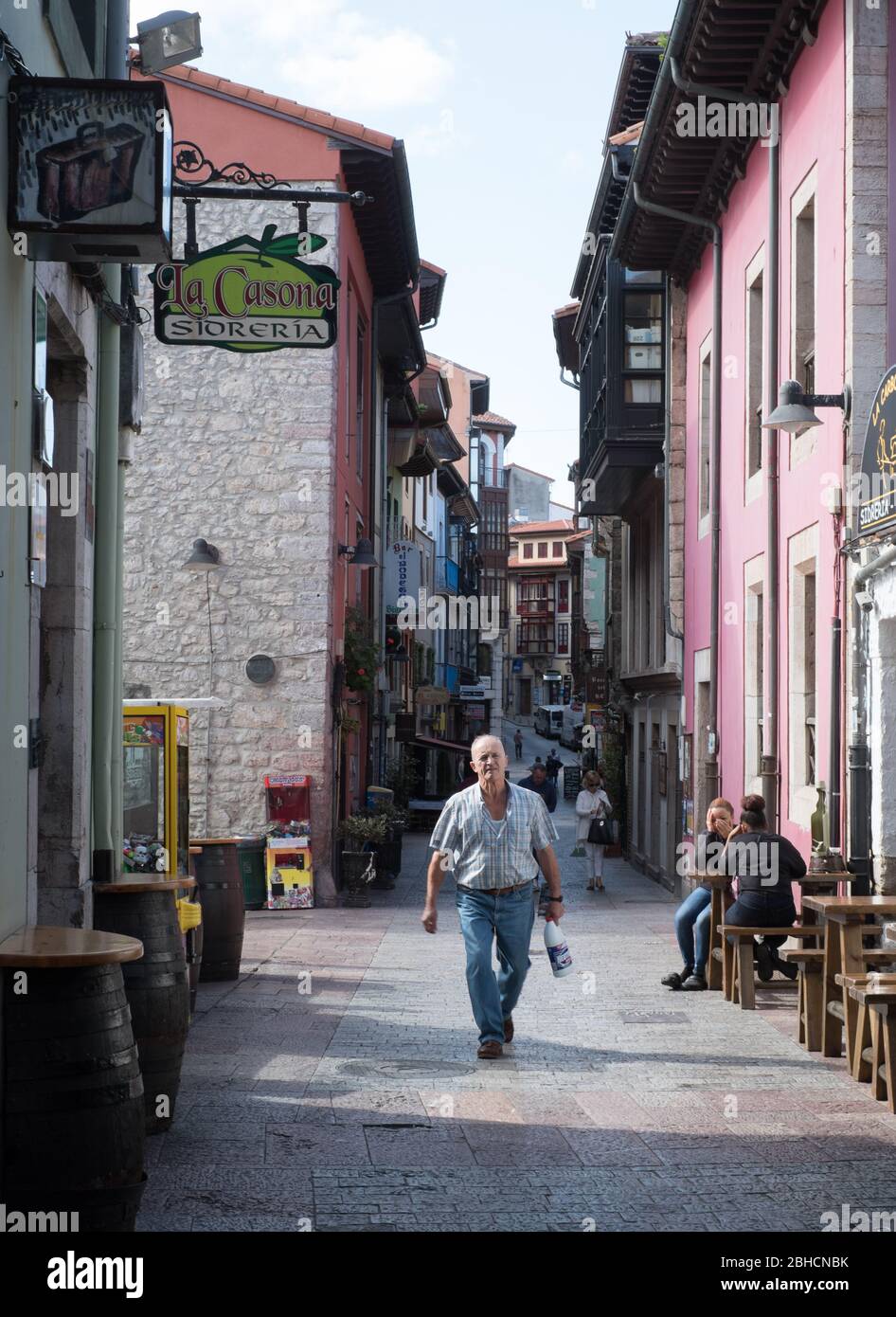 Sidrerías (cider bars) on a street in Llanes, Asturias, northern Spain Stock Photo