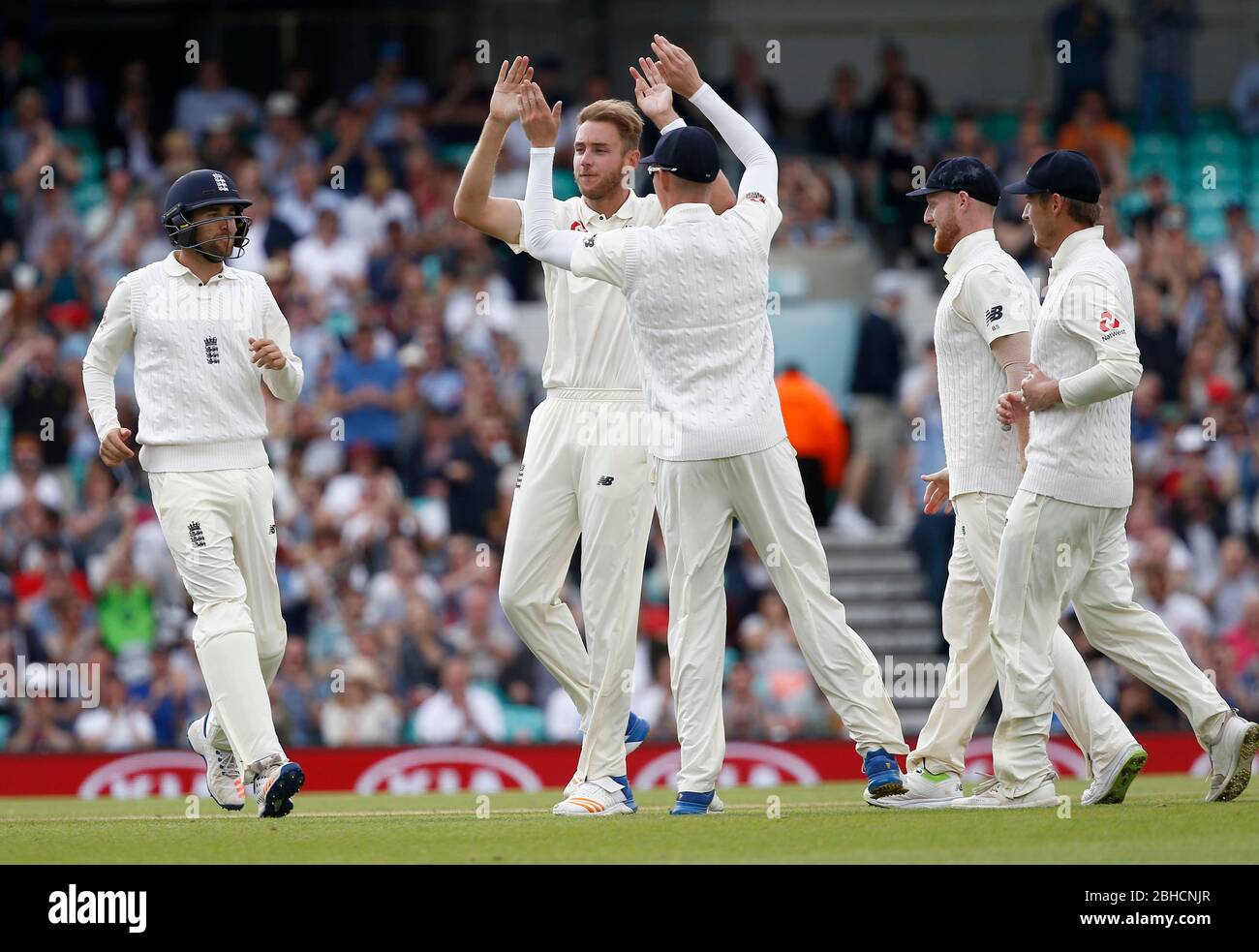 Stuart Broad of England celebrates bowling Heino Kuhn of South Africa during day four of the third Investec Test match between England and South Africa at The Oval in London. 30 Jul 2017 Stock Photo