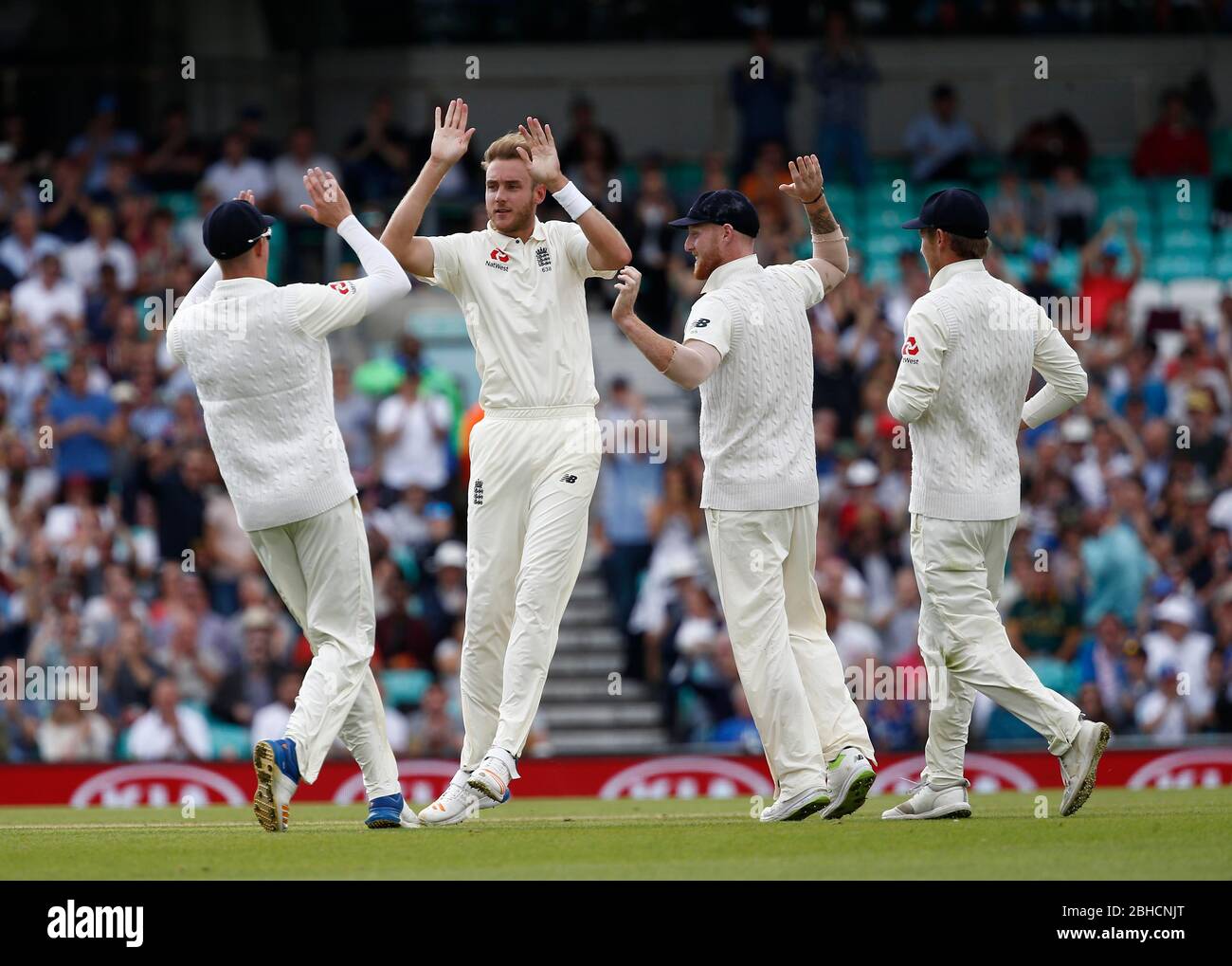 Stuart Broad of England celebrates bowling Heino Kuhn of South Africa during day four of the third Investec Test match between England and South Africa at The Oval in London. 30 Jul 2017 Stock Photo