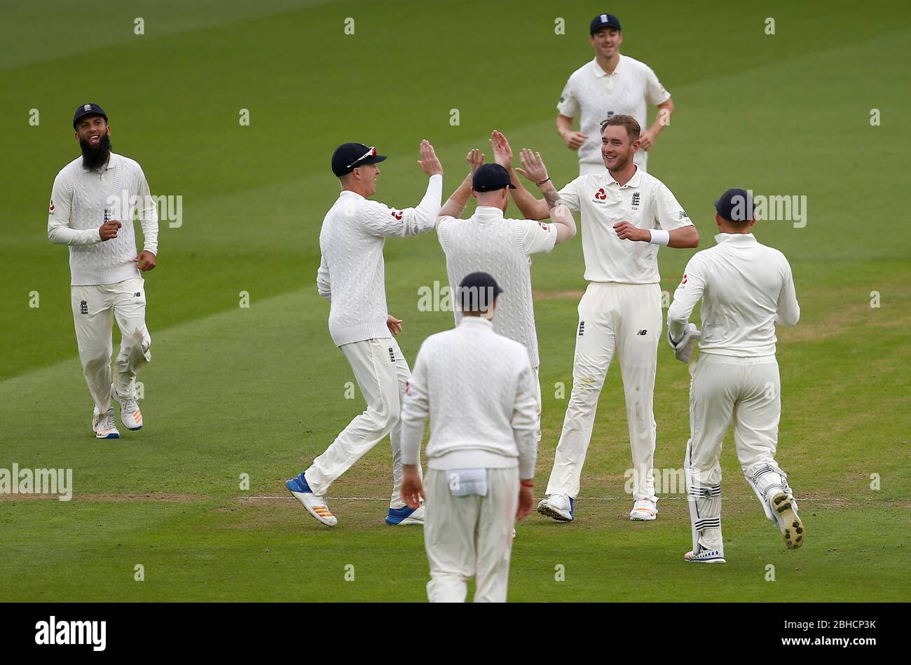 Stuart Broad of England celebrates taking the wicket of Kagiso Rabada of South Africa during day two of the third Investec Test match between England and South Africa at The Oval in London. 28 Jul 2017 Stock Photo