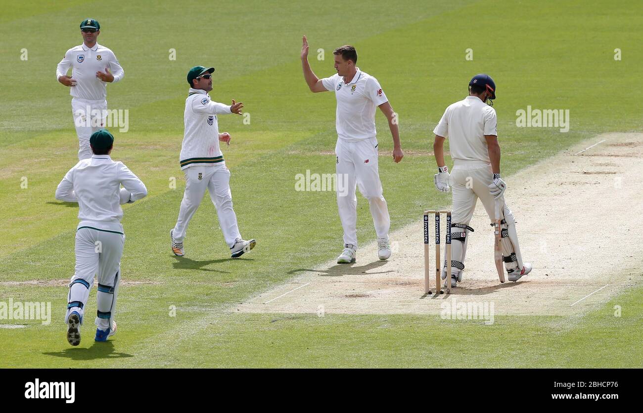 Morne Morkel of South Africa celebrates taking the wicket of Alastair Cook of England during day two of the third Investec Test match between England and South Africa at The Oval in London. 28 Jul 2017 Stock Photo