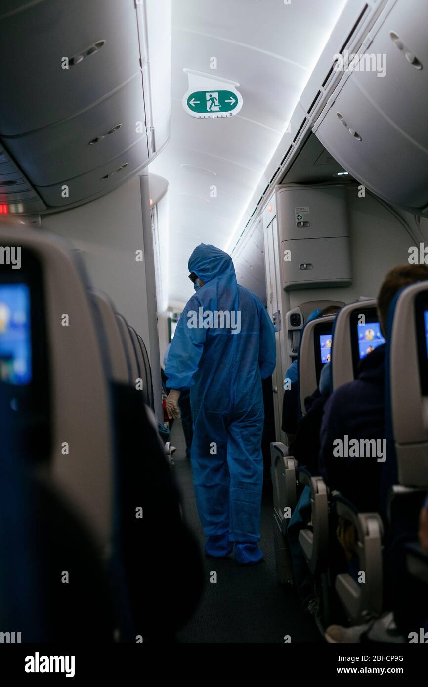 A flight attendant on a plane in protective clothing and medical gloves during the Corona crisis; airline, tourist industry, travel, transportation, c Stock Photo