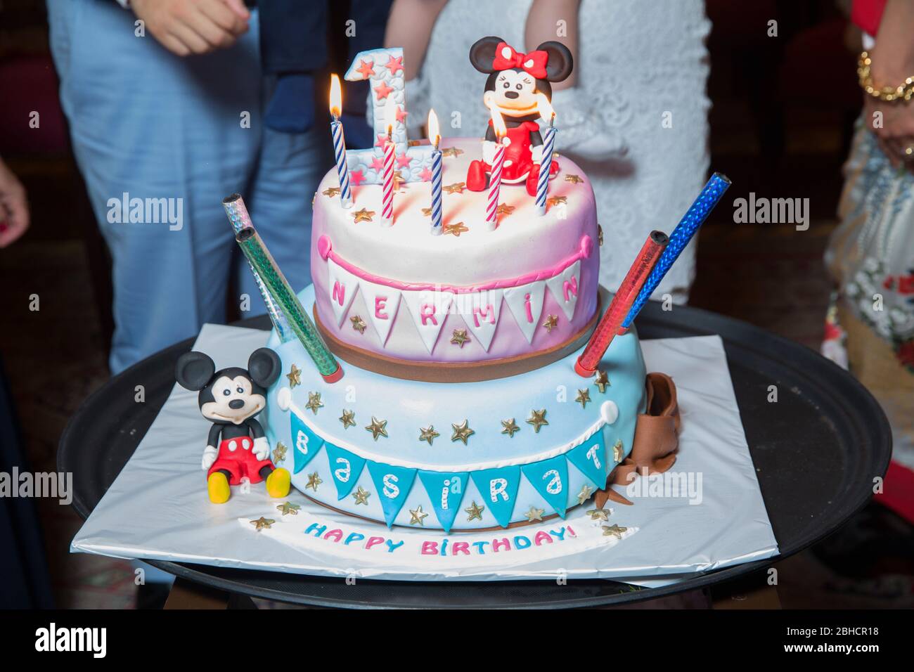 Pink and blue cake. Aque one . Happy Birthday . One cake. Mickey Mouse  Stock Photo - Alamy
