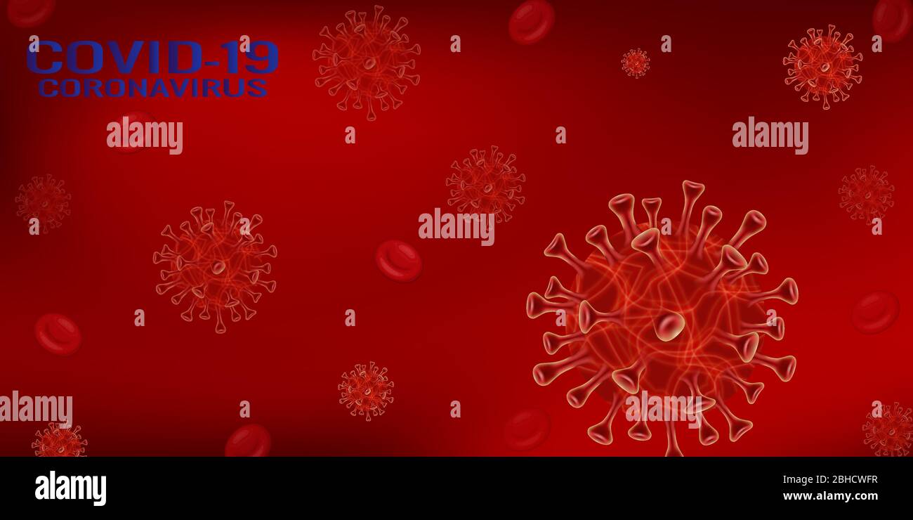 Vector of coronavirus 2019-nCoV and virus background with disease cells and red blood cell. COVID-19 corona virus outbreaking and pandemic medical health risk concept. Vector illustration eps 10. Stock Vector