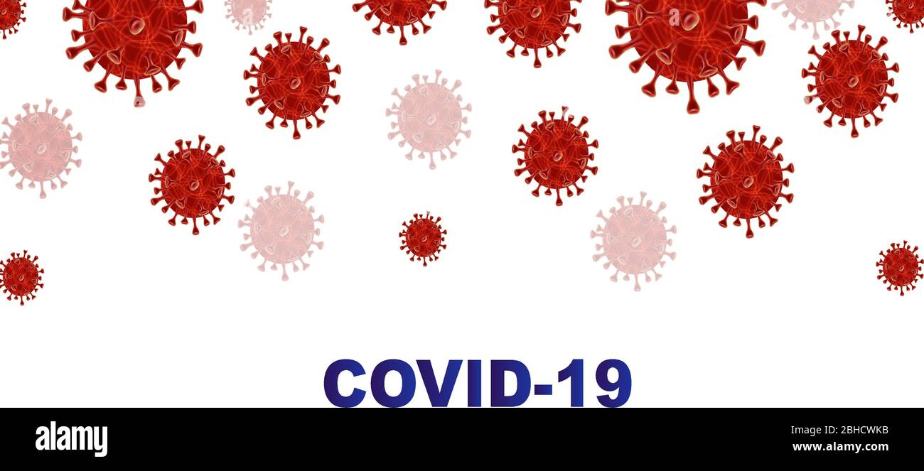 Corona virus covid-19 vector banner. Covid-19 virus outbreak pandemic disease and worlds deadly novel virus on white background. Vector illustration for poster, banner, flyer. Stock Vector