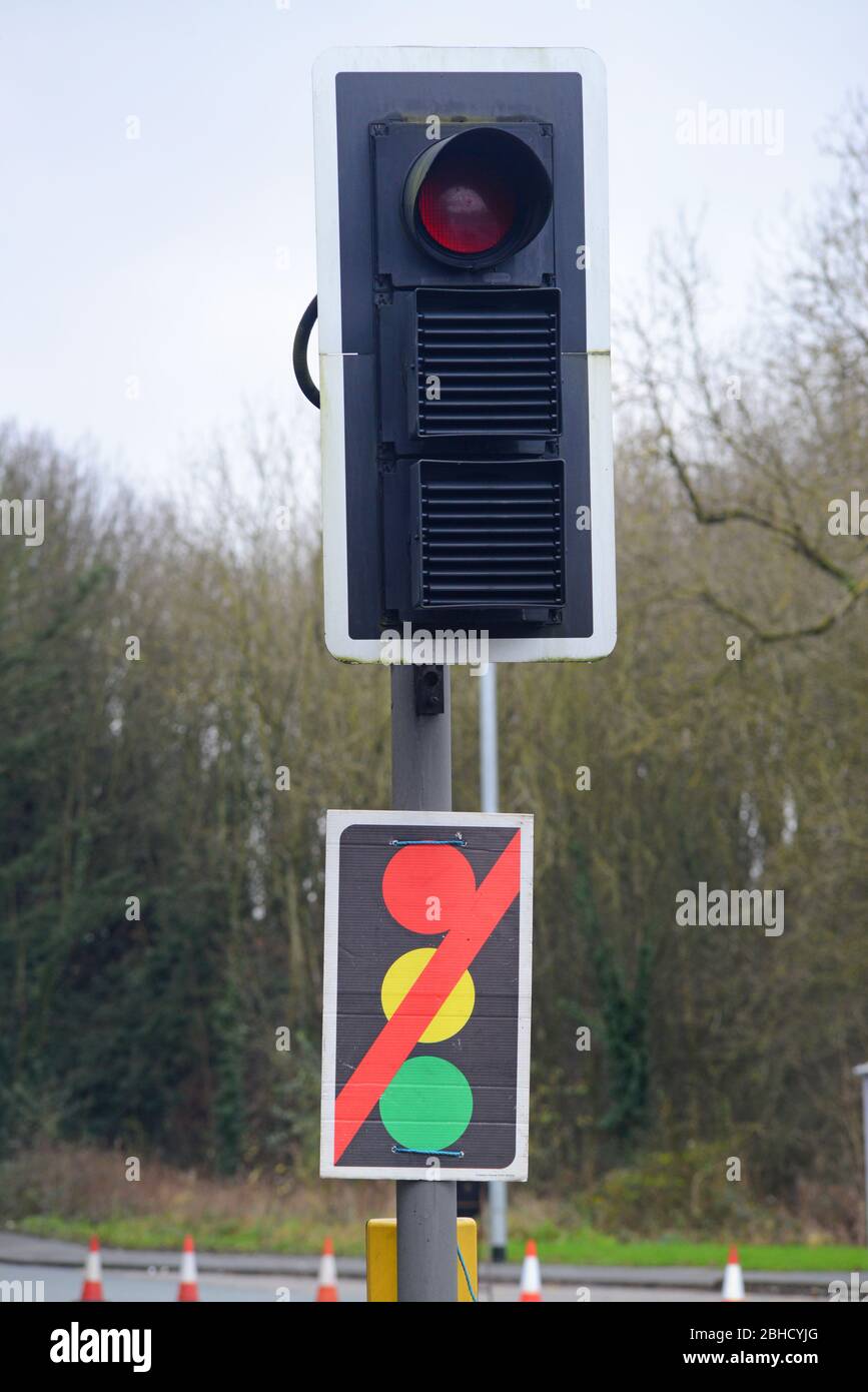 warning sign of broken traffic lights at road junction leeds united kingdom Stock Photo