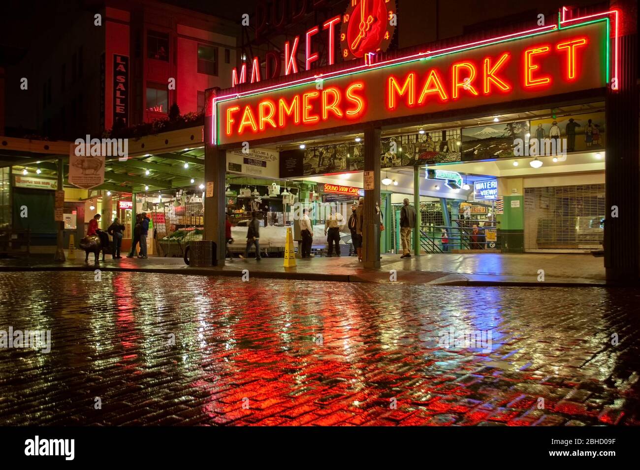 Farmers market at night.Seattle.USA Stock Photo