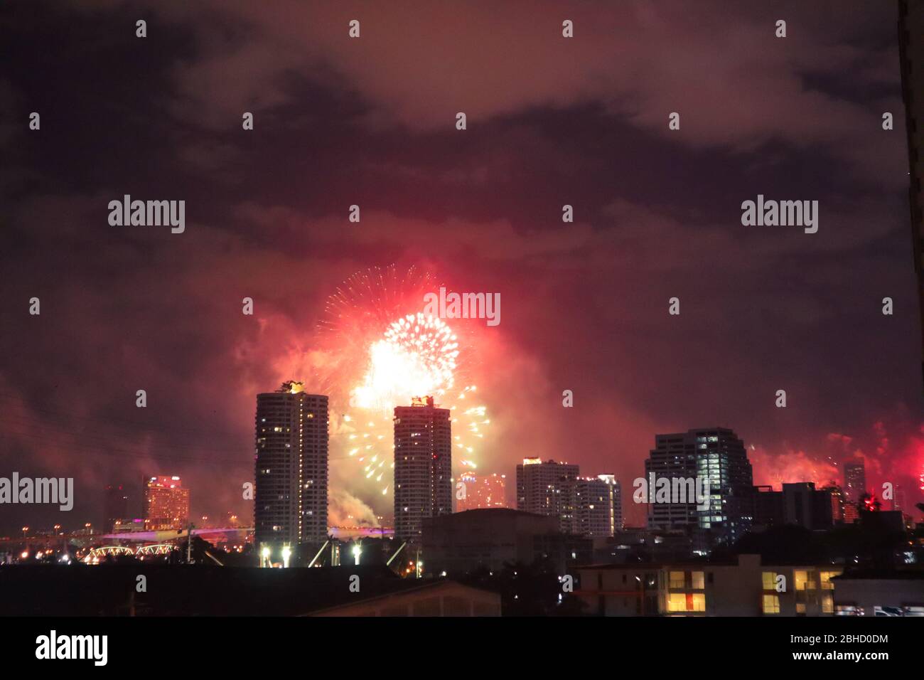 Fireworks display over the Bangkok city in Thailand. Stock Photo