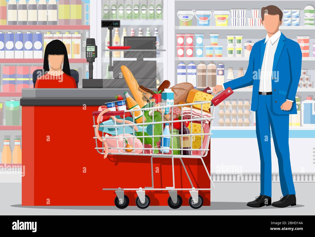 Supermarket store interior with goods. Big shopping mall. Interior store  inside. Checkout counter, grocery, drinks, food, fruits, dairy products.  Vector illustration in flat style Stock Vector Image & Art - Alamy