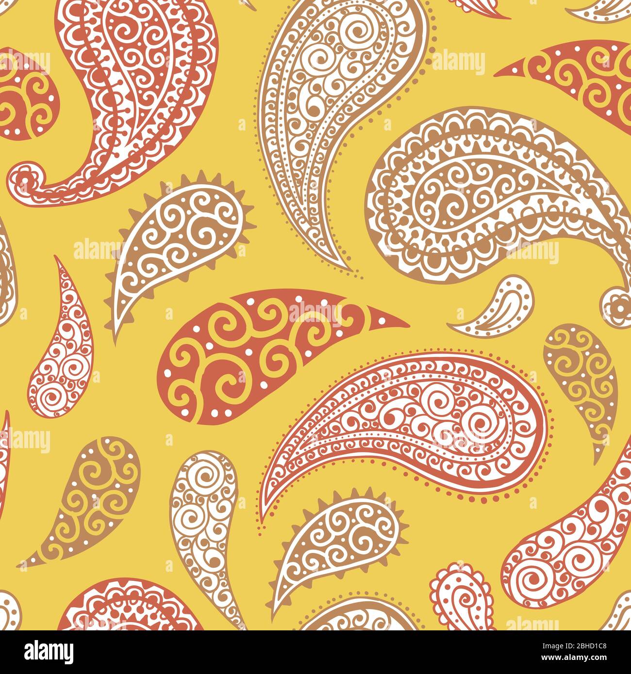Paisley Pattern On Yellow Background Seamless Gold Red And White