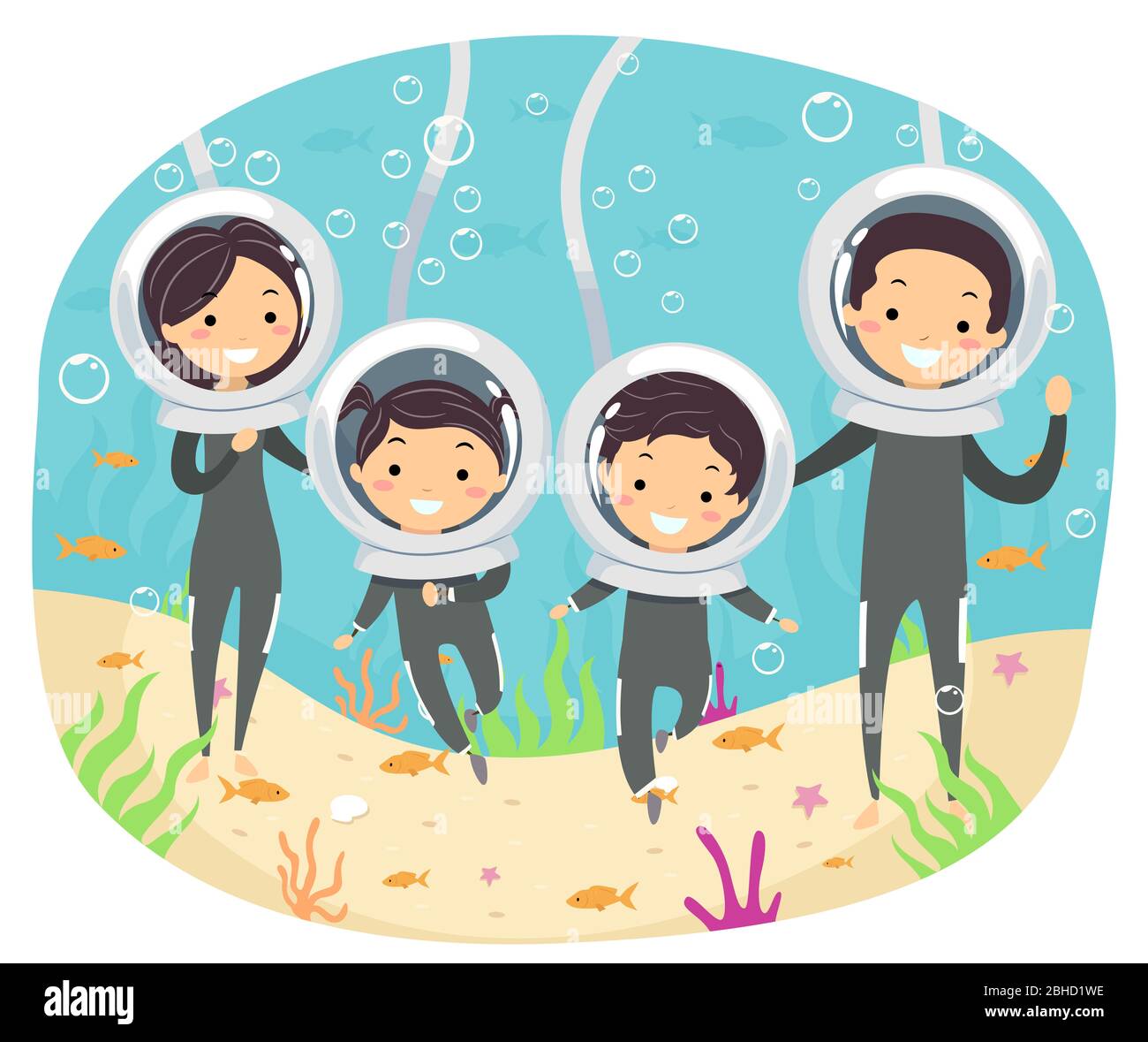 Illustration of Stickman Family Wearing Helmet Diving and Walking