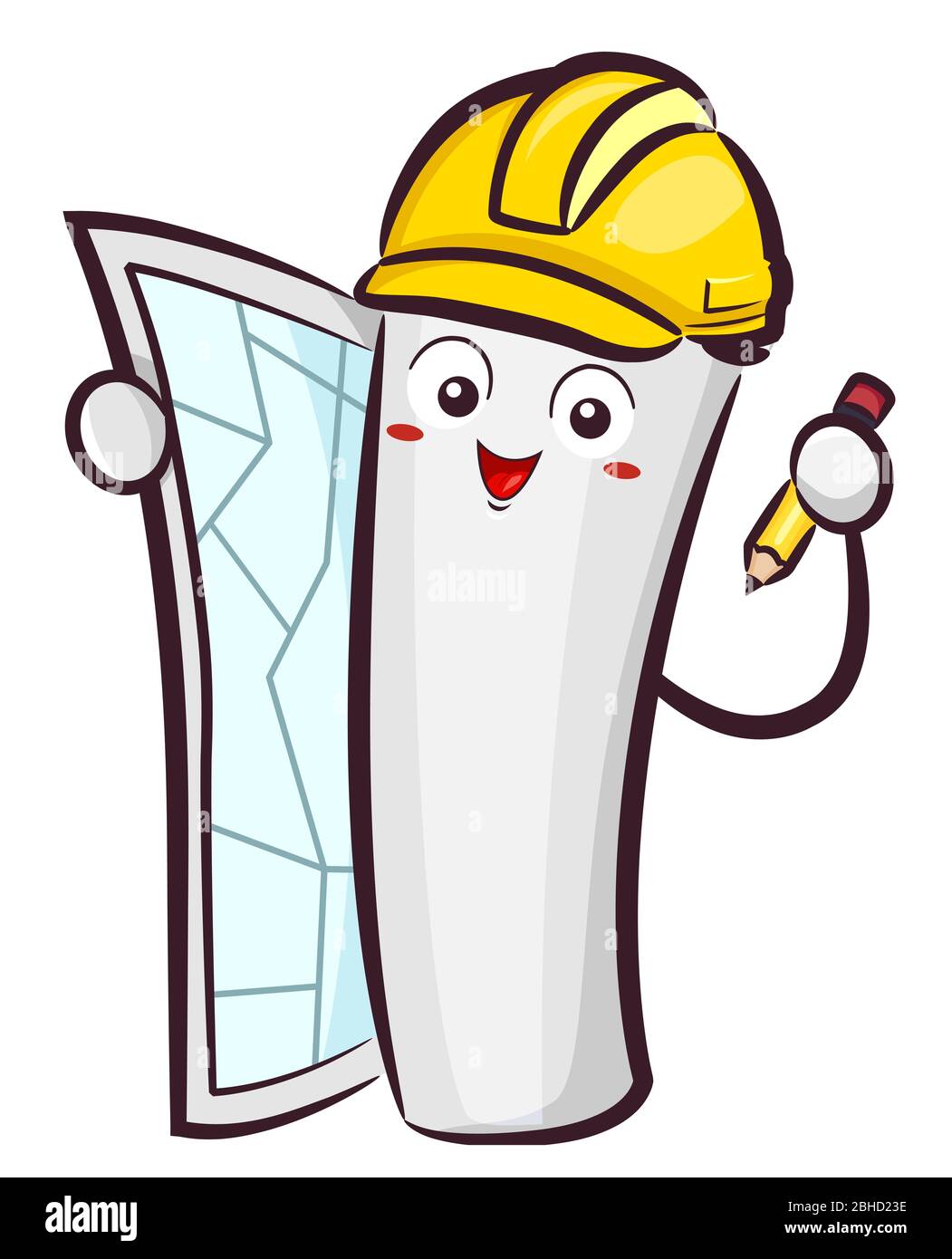 Illustration of a Construction Blueprint Mascot Holding a Pencil and Wearing a Yellow Hard Hat Stock Photo