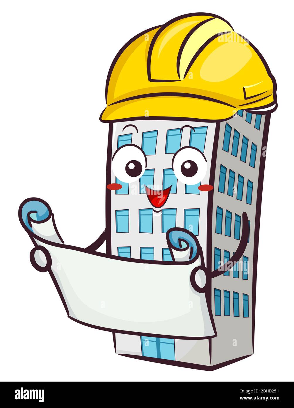 Illustration of a Building Mascot Wearing Yellow Hard Hat and Looking at Blueprint Stock Photo