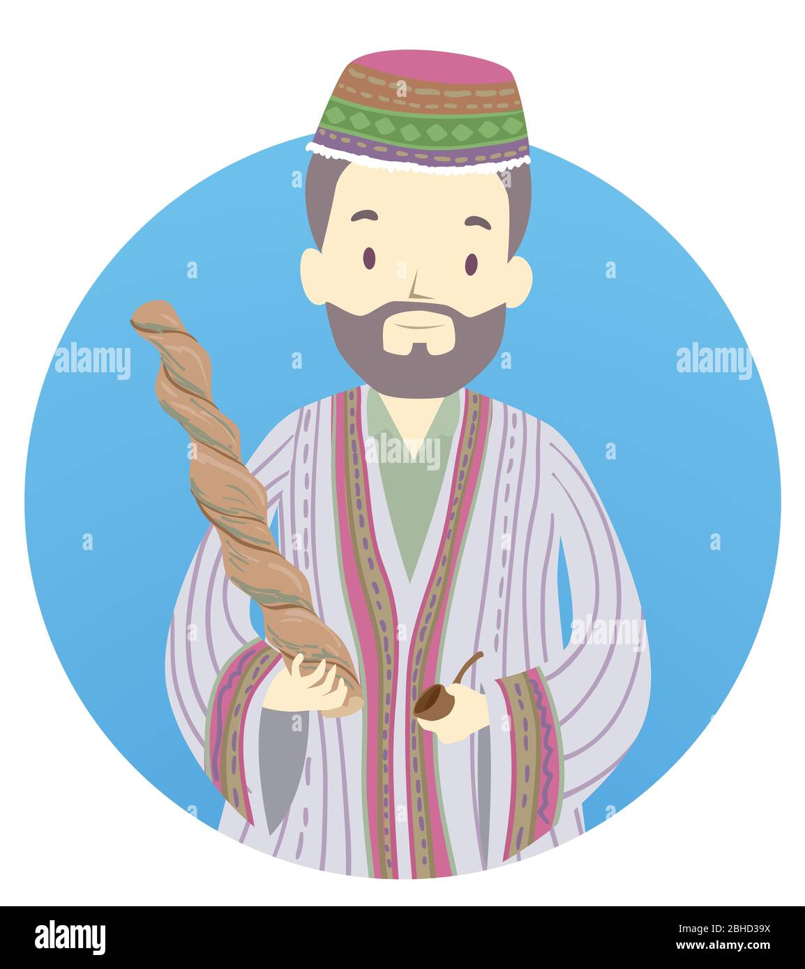 Illustration of a Shaman Man Holding an Ayahuasca Vine and Pipe Stock Photo