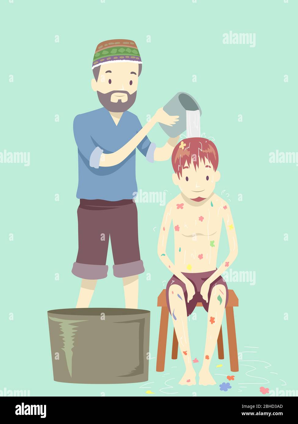Illustration of a Shaman Man Pouring Ayahuasca Flower Bath to a Man Sitting on a Stool Stock Photo