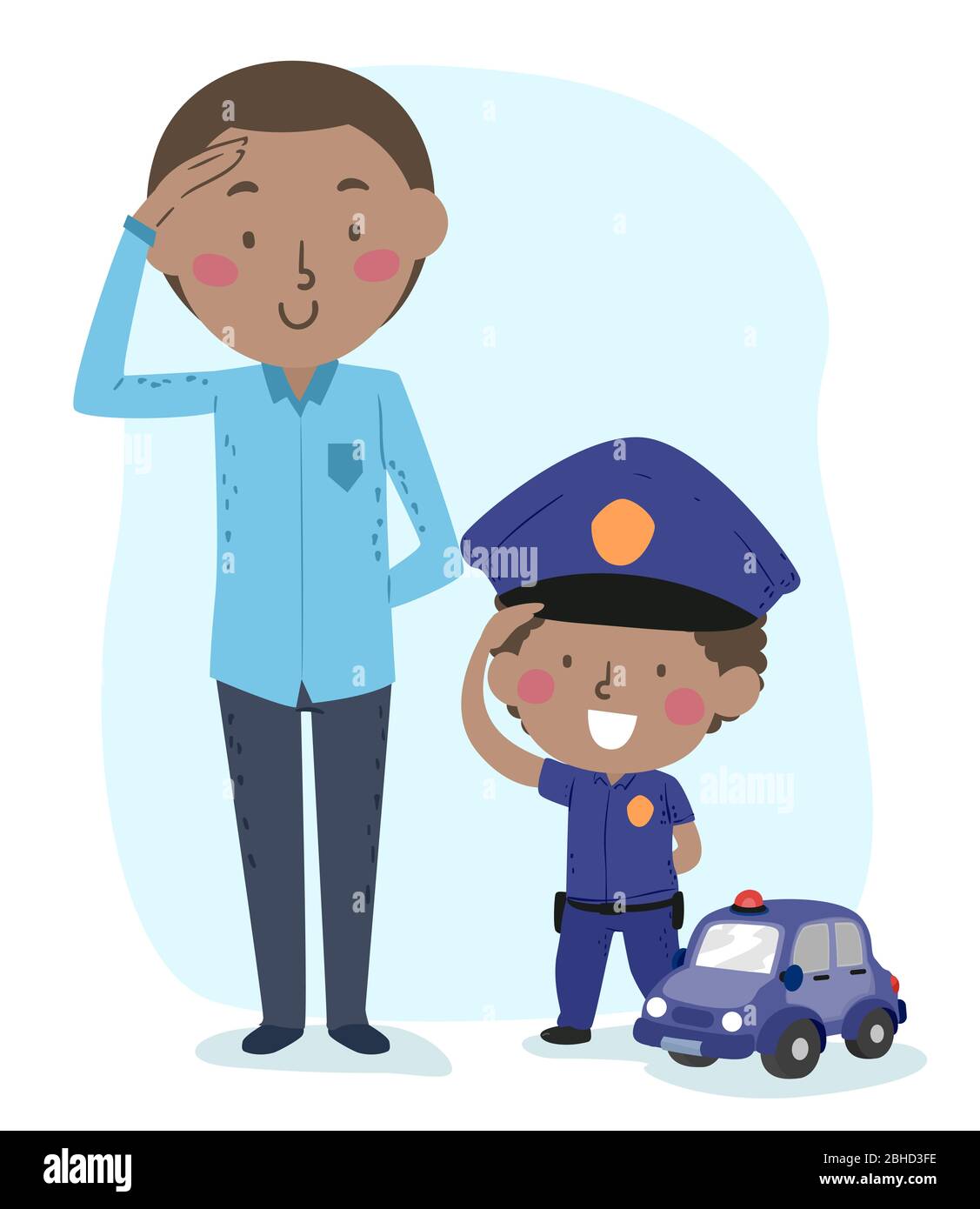 Illustration of a Kid Boy Wearing Police Uniform and His Father with their Hands Raised in Salute. A Police Toy Car is Beside the Kid Stock Photo