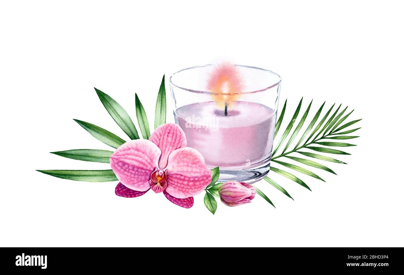 Watercolor candle arrangement. Pink orchid flower and tropical leaves. Pink glass painting. Spa and cosmetic products isolated on white background Stock Photo