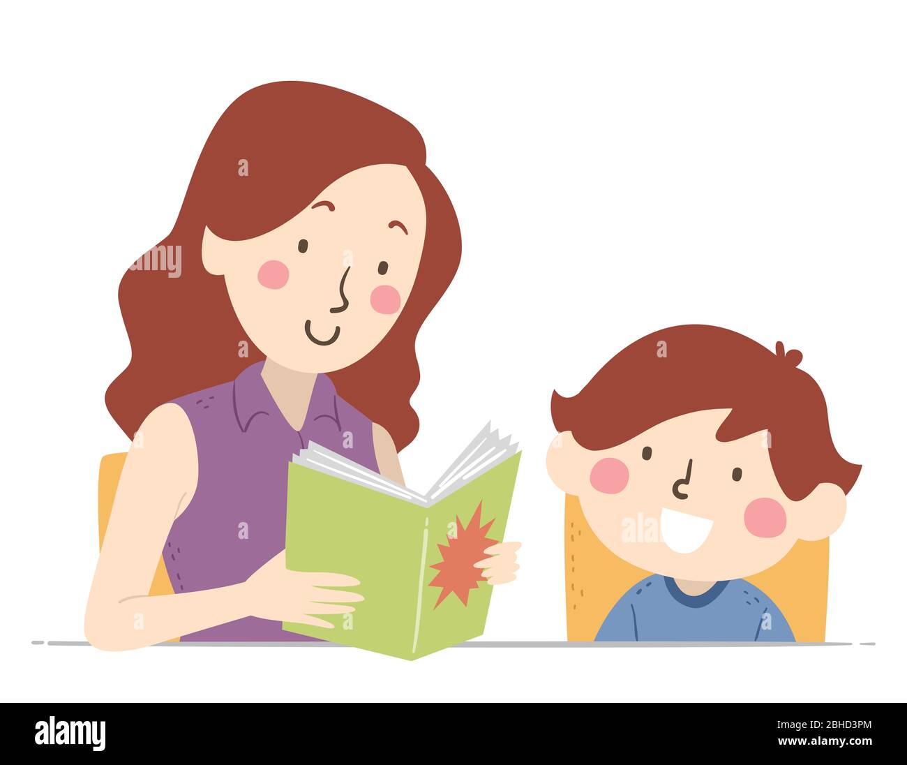 Illustration of a Girl Reading DIY Comics to Her Son. A Kid Boy Listening to His Mother Telling Story Stock Photo