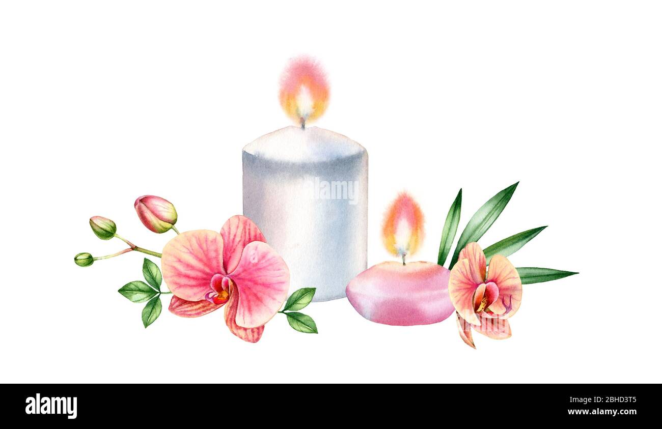 Watercolor two candles arrangement. Orange orchid flowers and tropical leaves. Spa and cosmetic products isolated on white background. Realistic hand Stock Photo