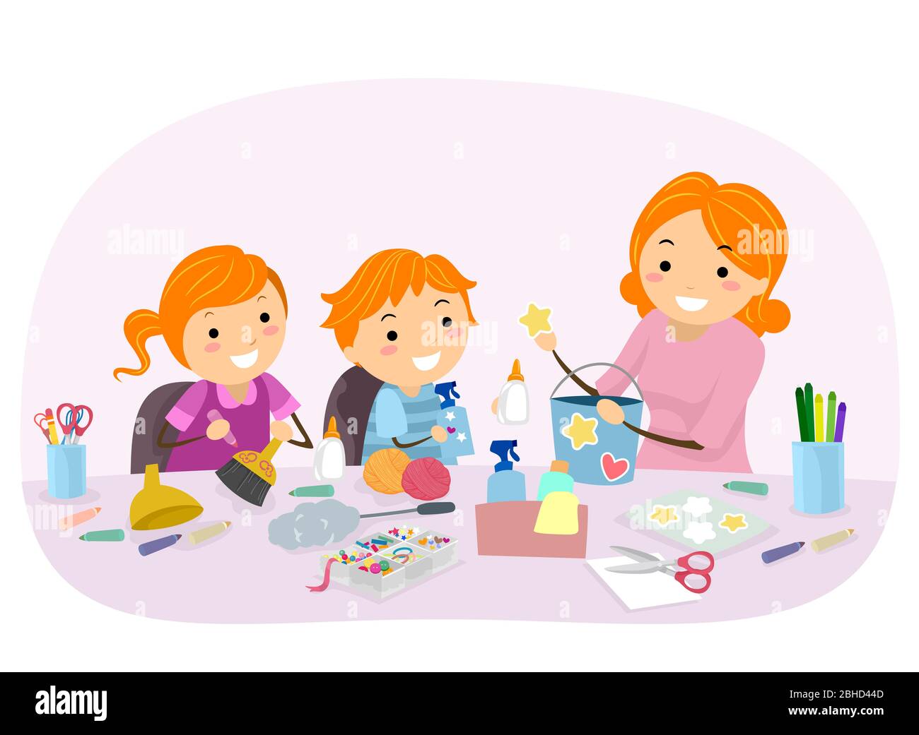 Illustration of Stickman Kids and their Mother Decorating Cleaning Tools  Stock Photo - Alamy