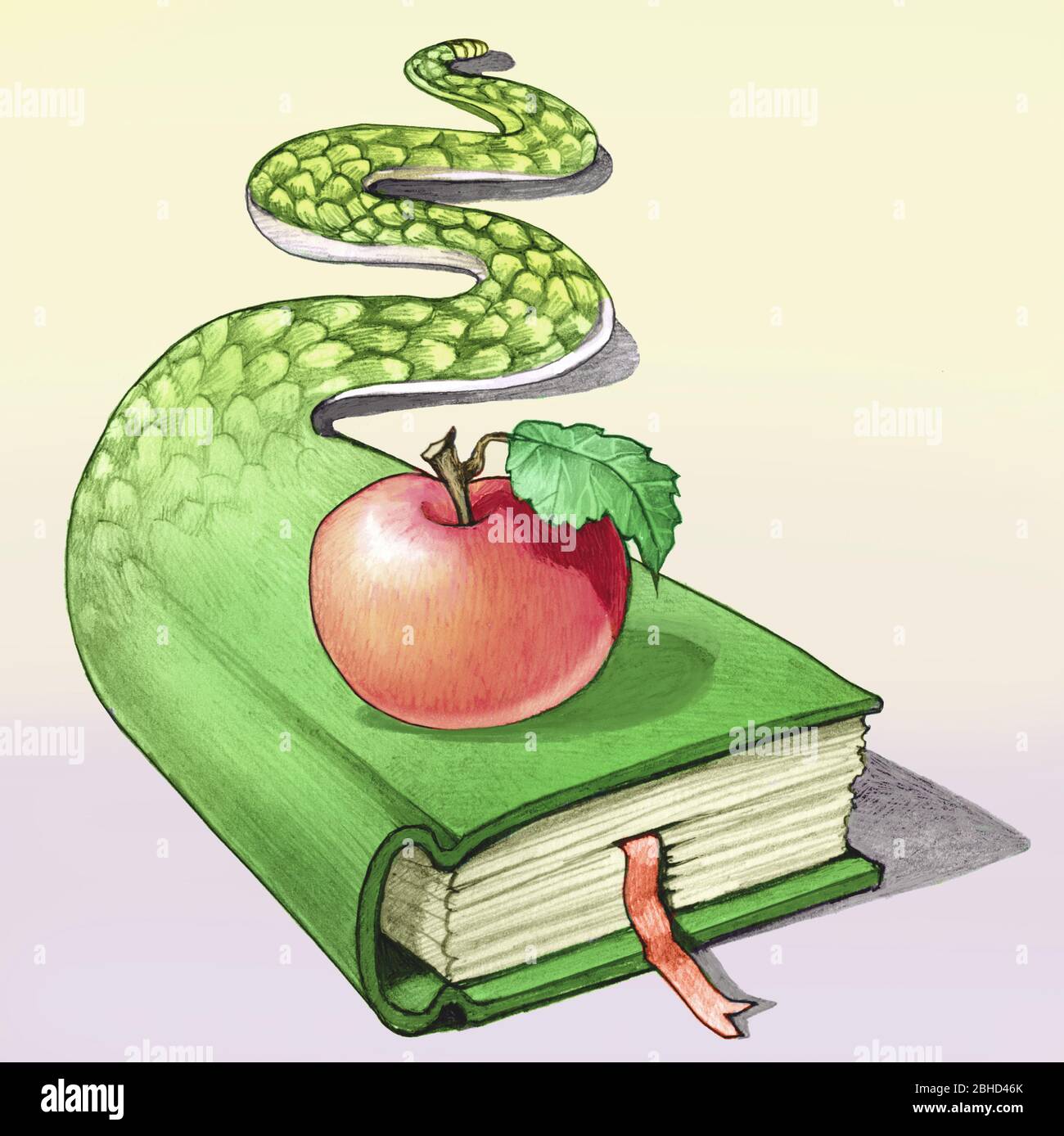 a book turns into a snake on the cover is an Apple metaphor of knowledge and wisdom as original sin Stock Photo