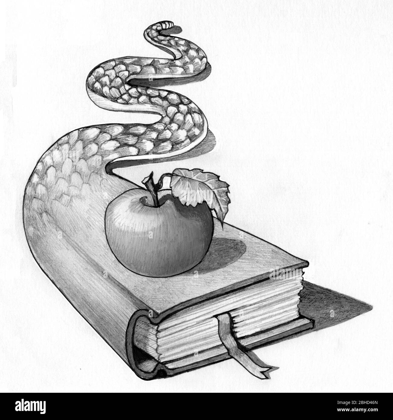 a book turns into a snake on the cover is an Apple metaphor of knowledge and wisdom as original sin Stock Photo