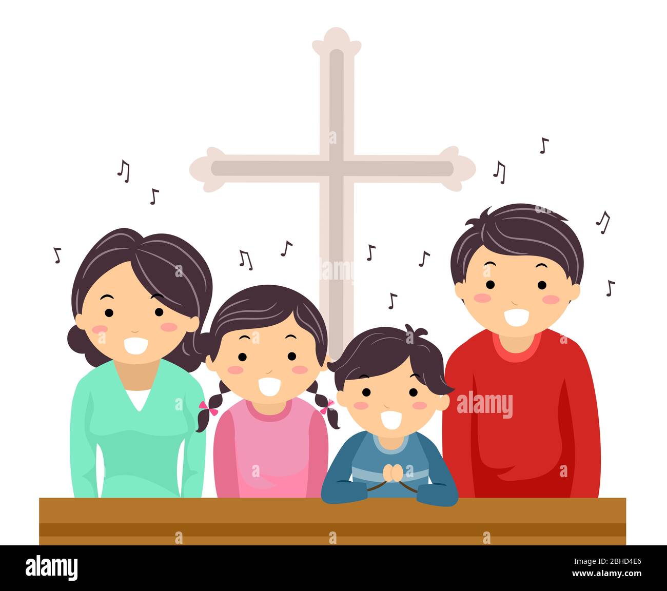 Illustration of Stickman Family in Church Singing Songs in Mass Stock Photo