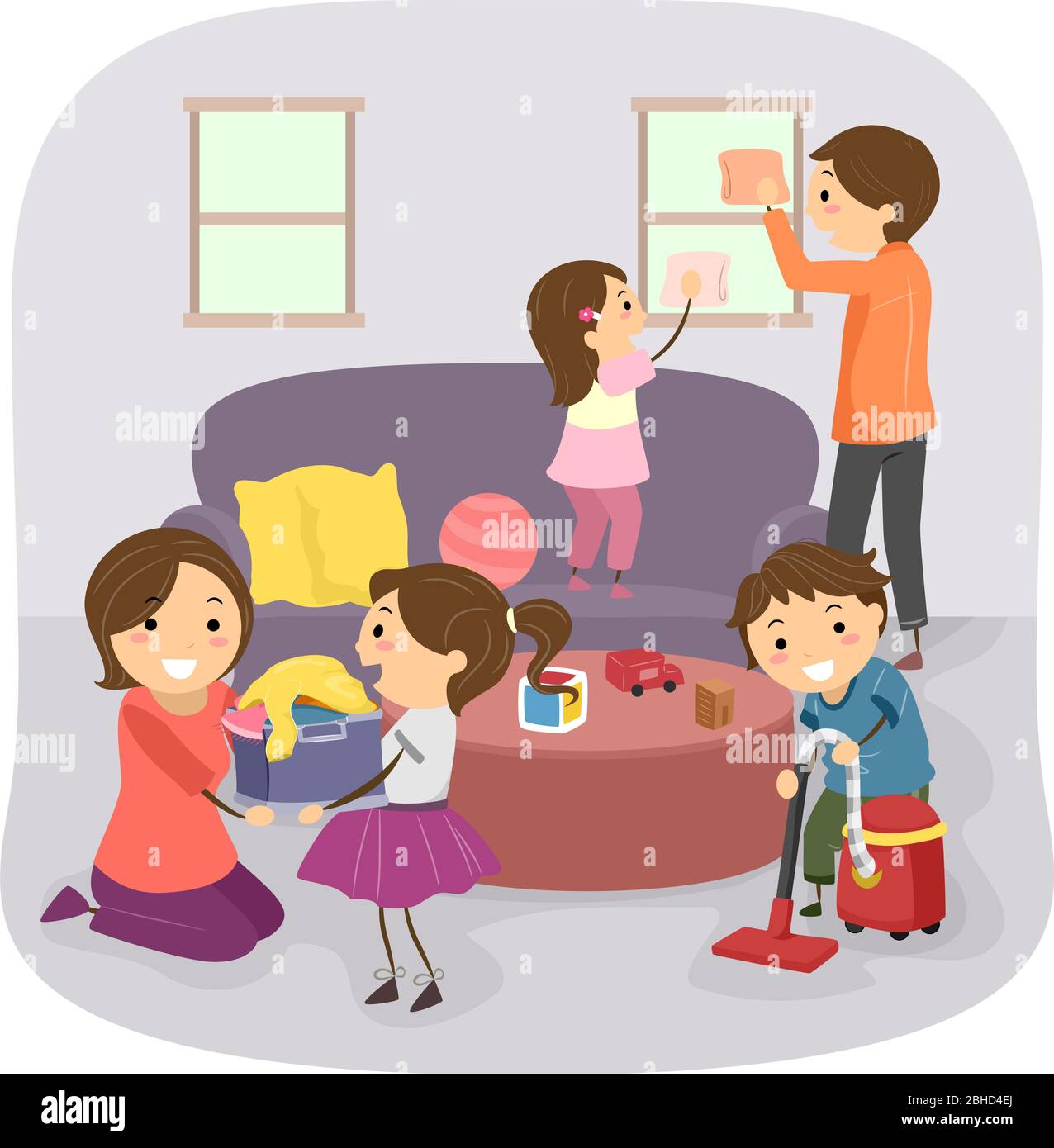 Illustration Of Stickman Kids Helping Parents With Cleaning The House Stock Photo Alamy