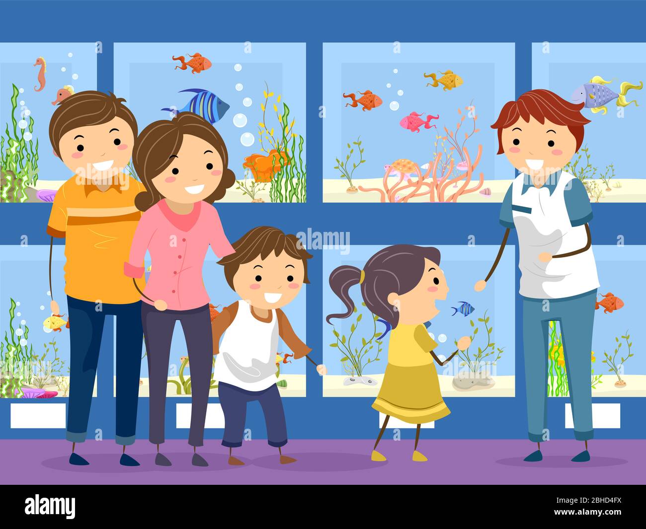 Illustration of Stickman Family Inside a Pet Shop Buying a Pet Fish Stock Photo
