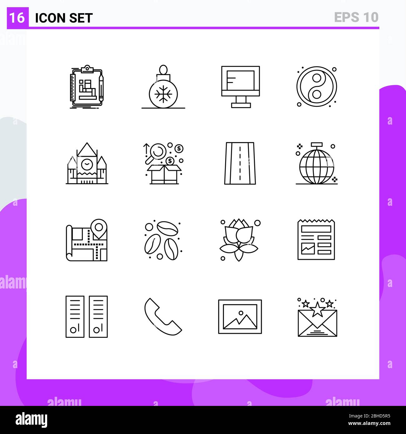 Outline Pack of 16 Universal Symbols of centre block, yin, decoration, ball, school Editable Vector Design Elements Stock Vector