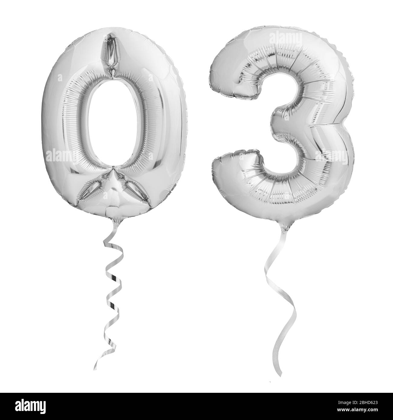 Silver number 03 made of inflatable party balloons with silver ribbons isolated on white background Stock Photo