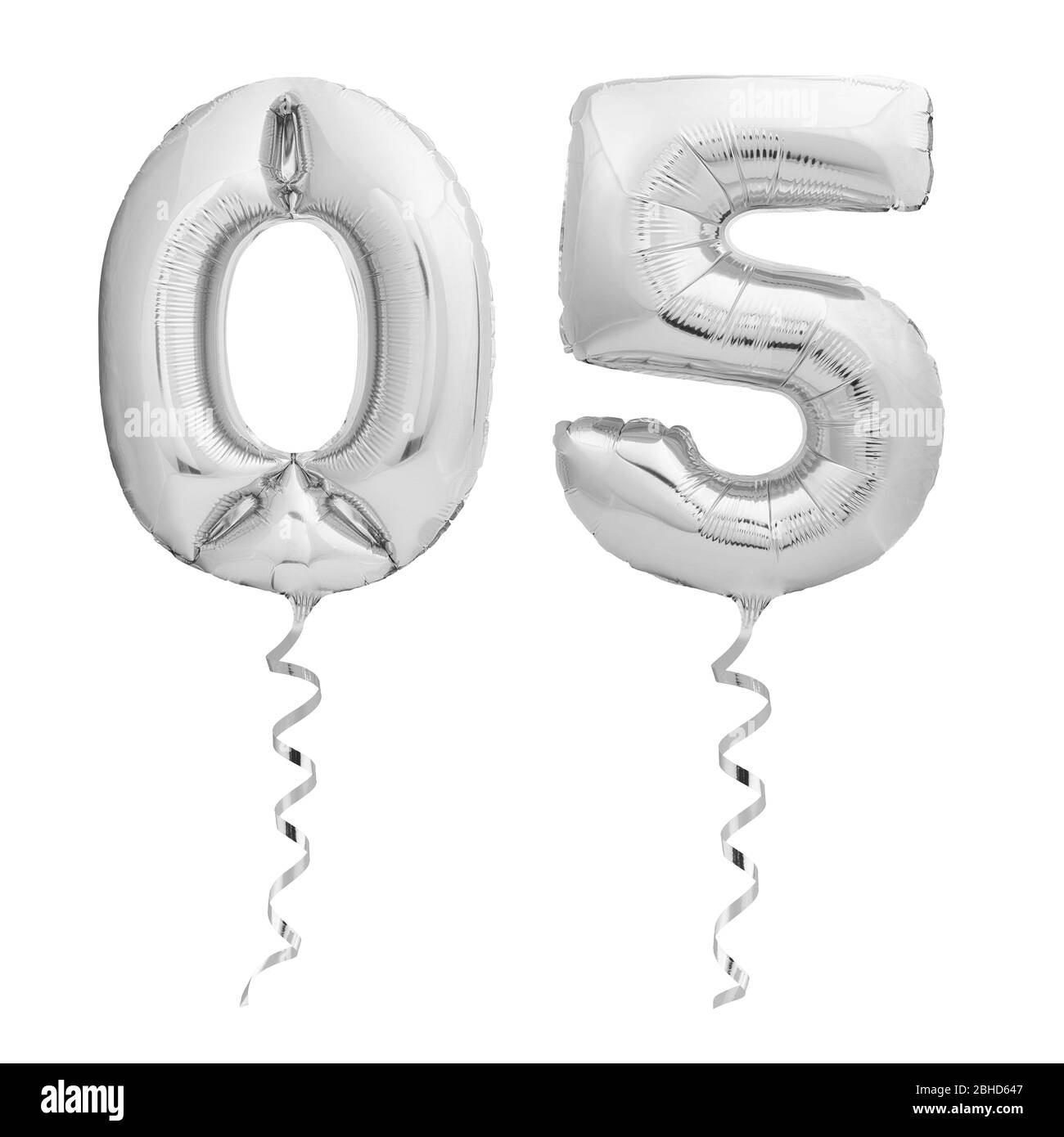 Silver number 05 made of inflatable party balloons with silver ribbons isolated on white background Stock Photo
