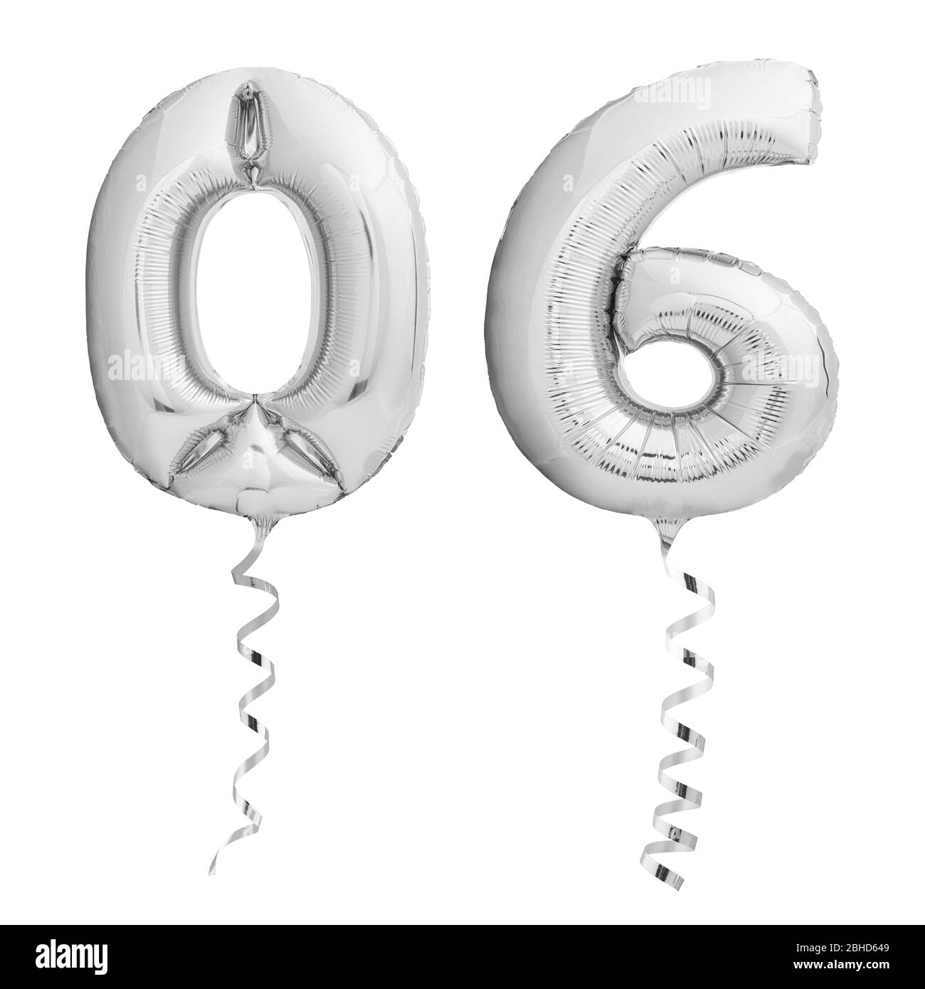 Silver number 06 made of inflatable party balloons with silver ribbons isolated on white background Stock Photo