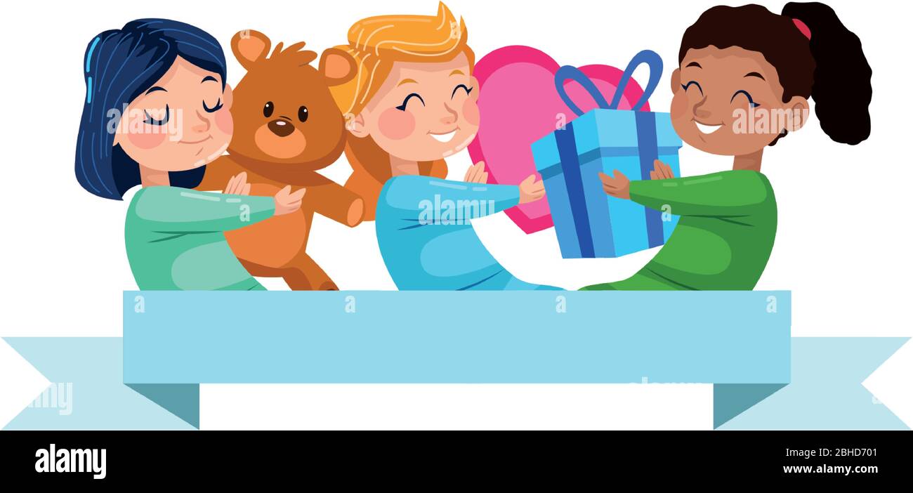 cute little girls with gift and heart characters Stock Vector Image ...
