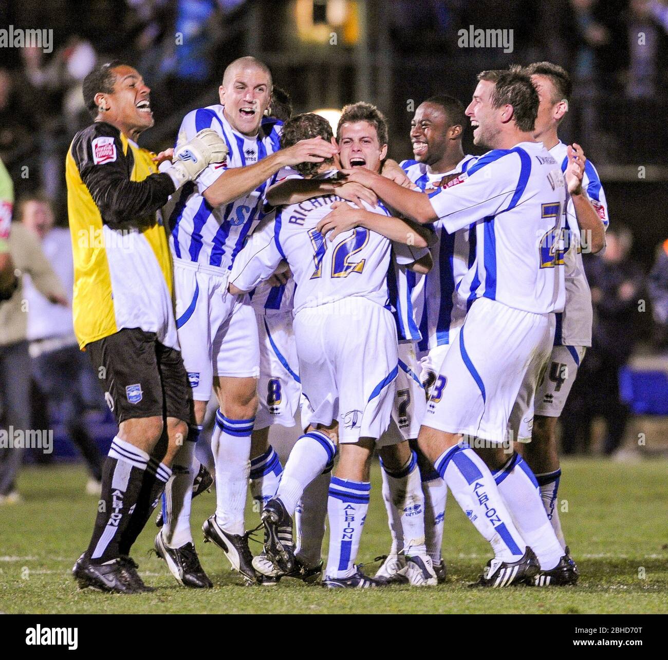 Brighton and Hove Albion v Manchester City Carling Cup match at Withdean  - Brighton's players celebrate the famous win over City  24 September 2008 - Editorial use only. No merchandising. For Football images FA and Premier League restrictions apply inc. no internet/mobile usage without FAPL license - for details contact Football Dataco Stock Photo