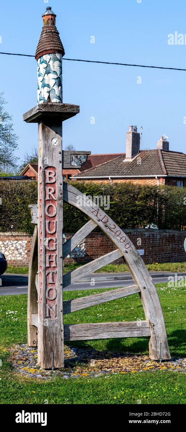 Village name sign at Broughton, Test Valley, Hampshire, England, UK Stock Photo