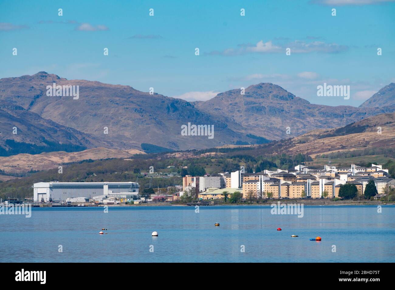 View HMNB Clyde the British naval submarine base at Faslane on the Gare Loch in Argyll & Bute, Scotland, UK Stock Photo