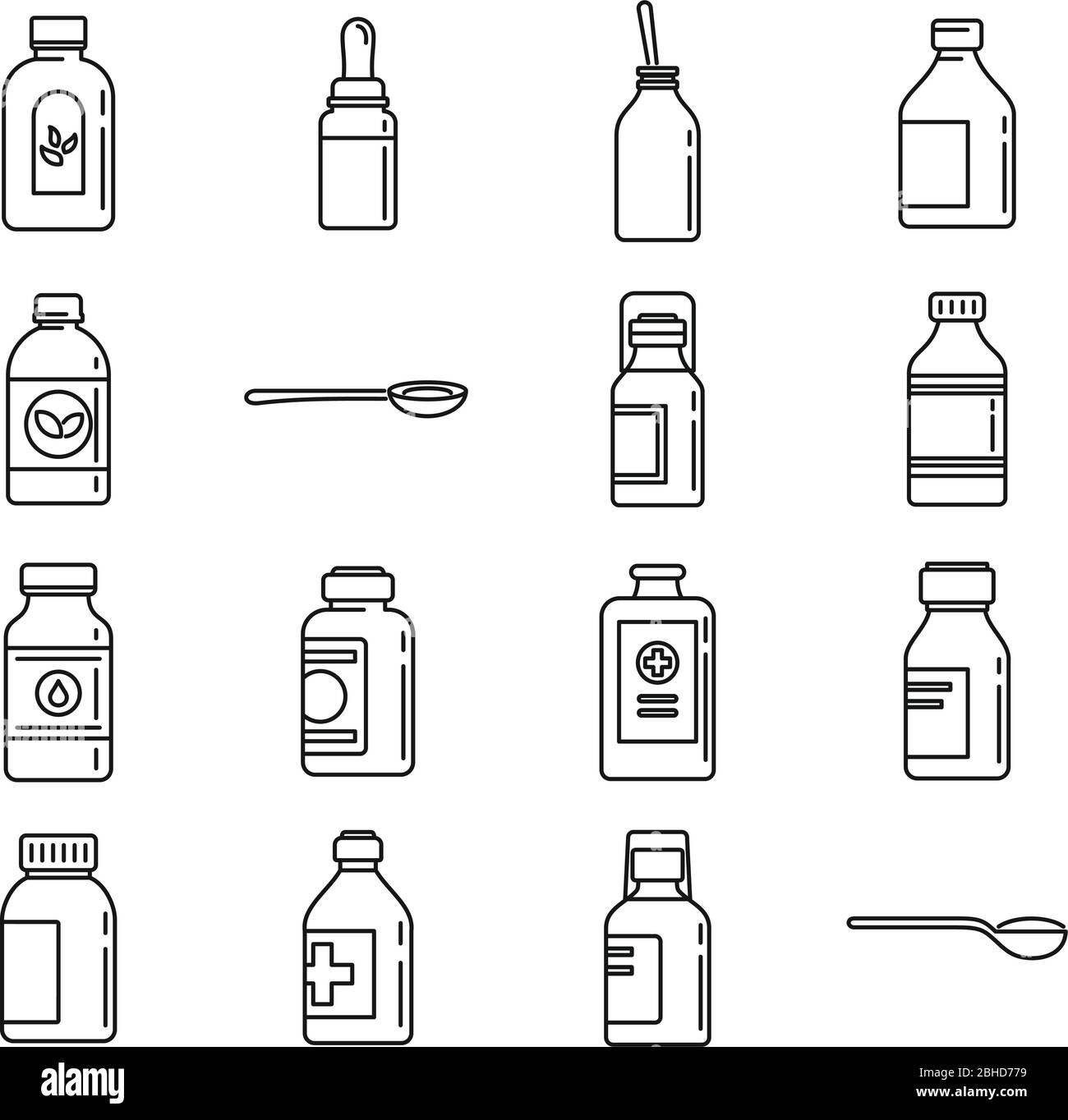 Cough syrup bottle icons set. Outline set of cough syrup bottle vector icons for web design