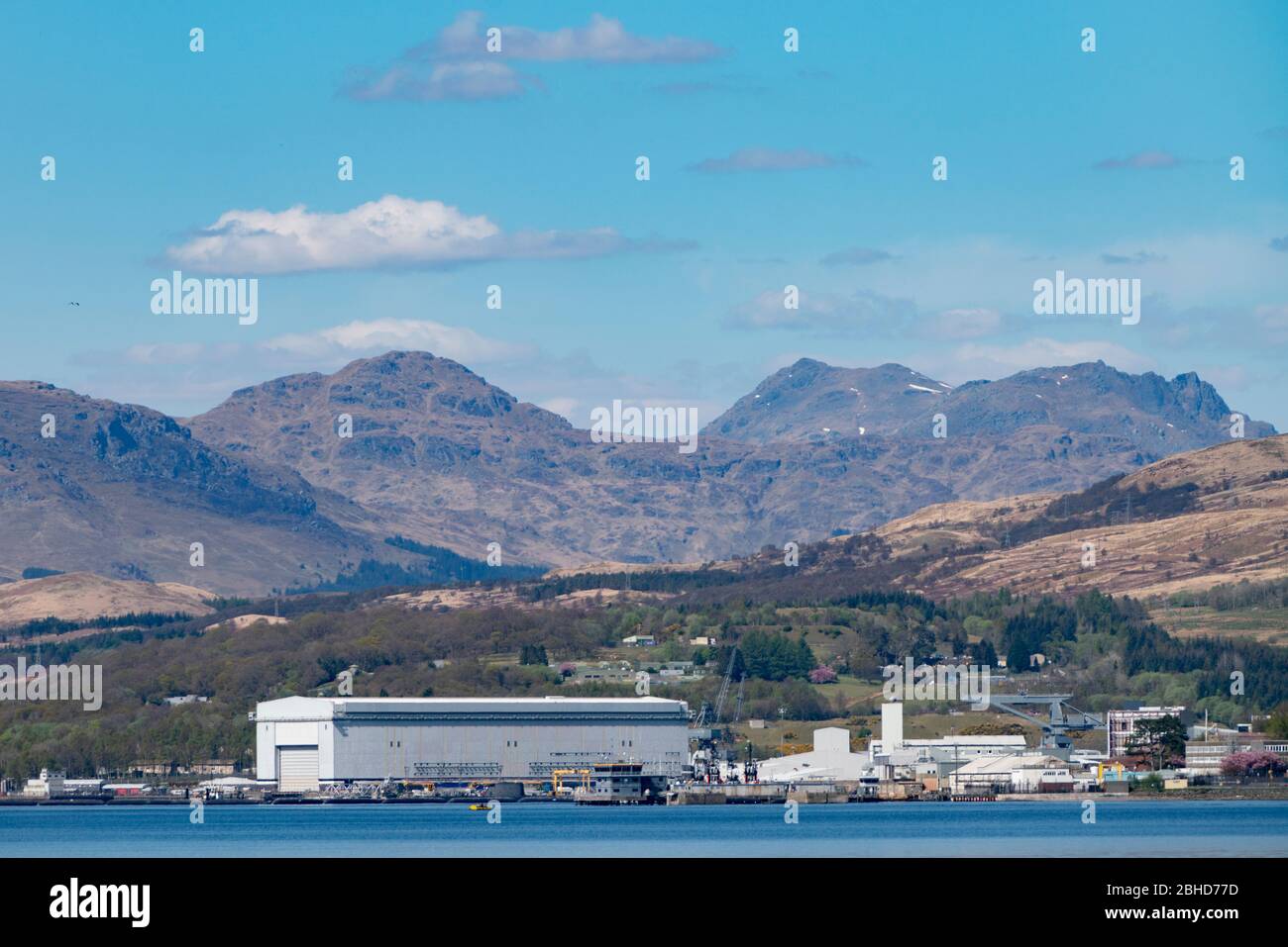 View HMNB Clyde the British naval submarine base at Faslane on the Gare Loch in Argyll & Bute, Scotland, UK Stock Photo