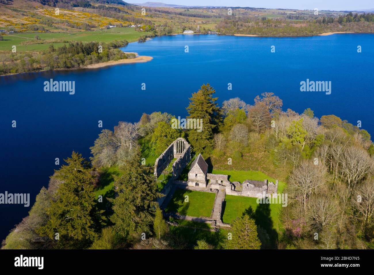 Aerial view of Inchmahome Priory on Inchmahome Island on the Lake of Menteith in Stirlingshire, Scotland, UK Stock Photo