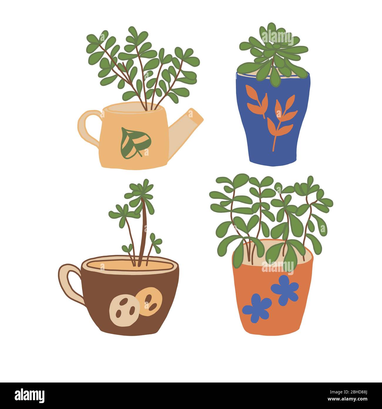 Set of green houseplants in interesting pots in vector graphics on a white background Stock Vector