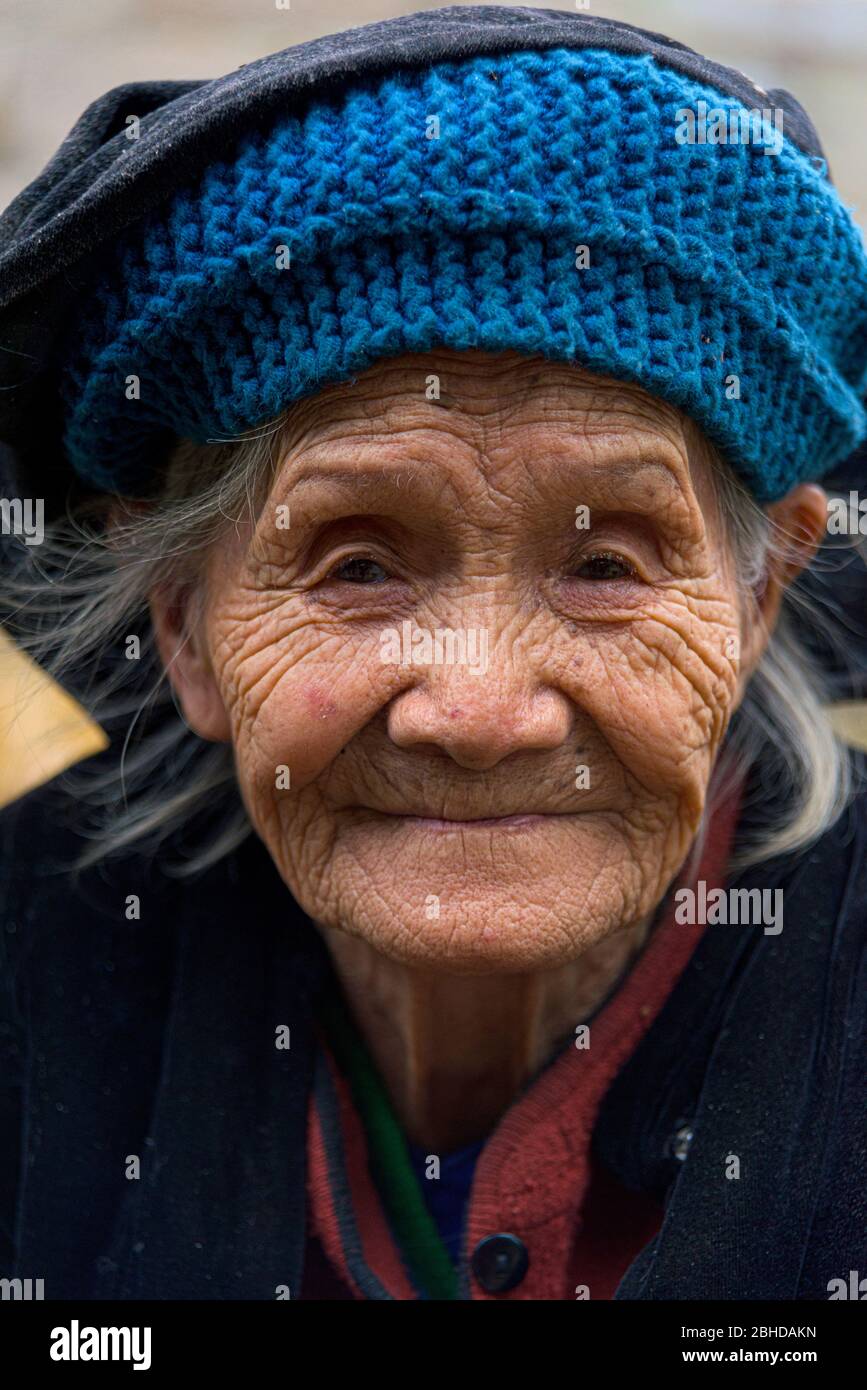 Cao Bang, Vietnam, January 28, 2020 - 98 years old wrinkled vietnamese woman looking at camera, Cao Bang Province, Trung Khanh District Stock Photo