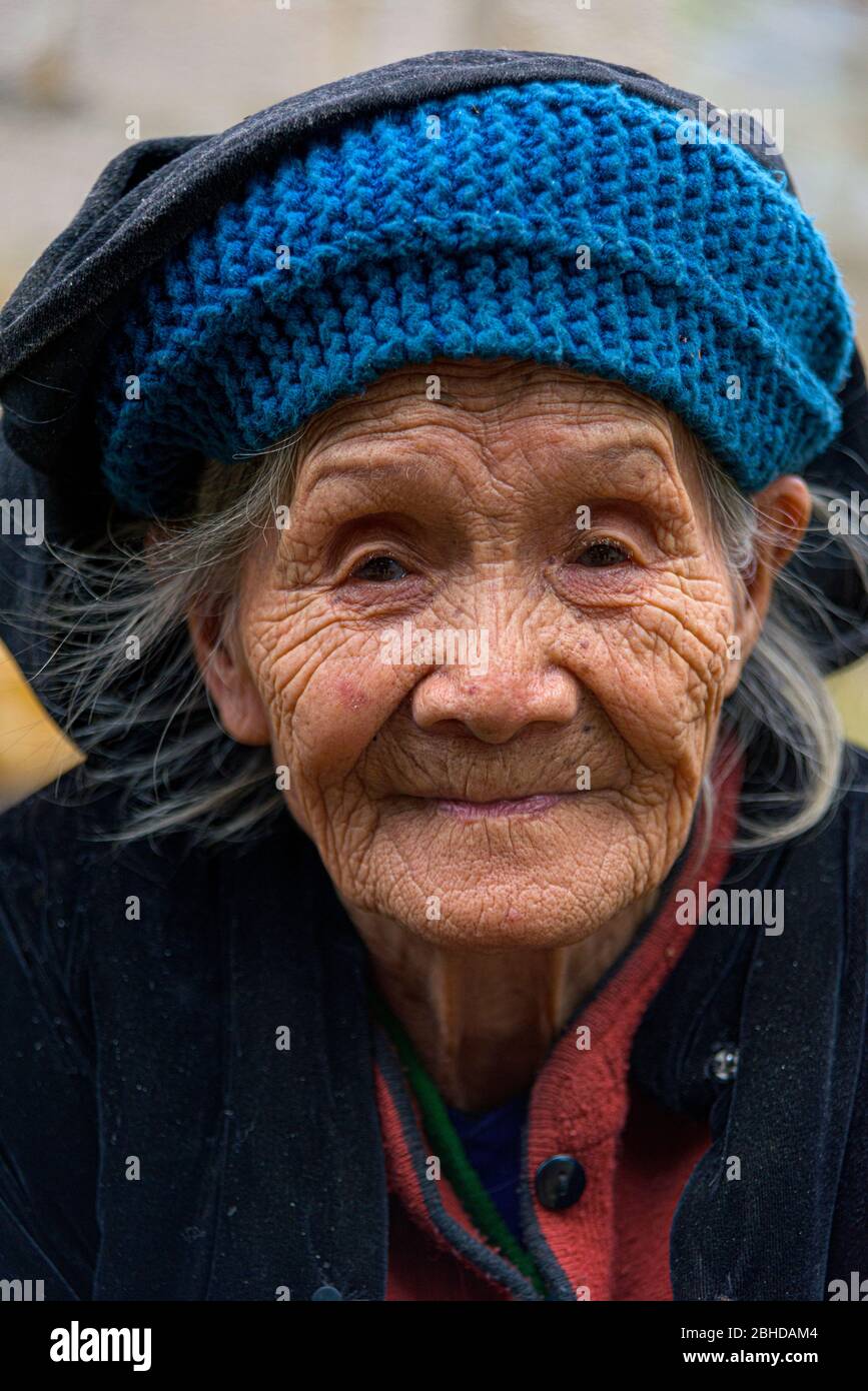 Cao Bang, Vietnam, January 28, 2020 - 98 years old wrinkled vietnamese woman looking at camera, Cao Bang Province, Trung Khanh District Stock Photo