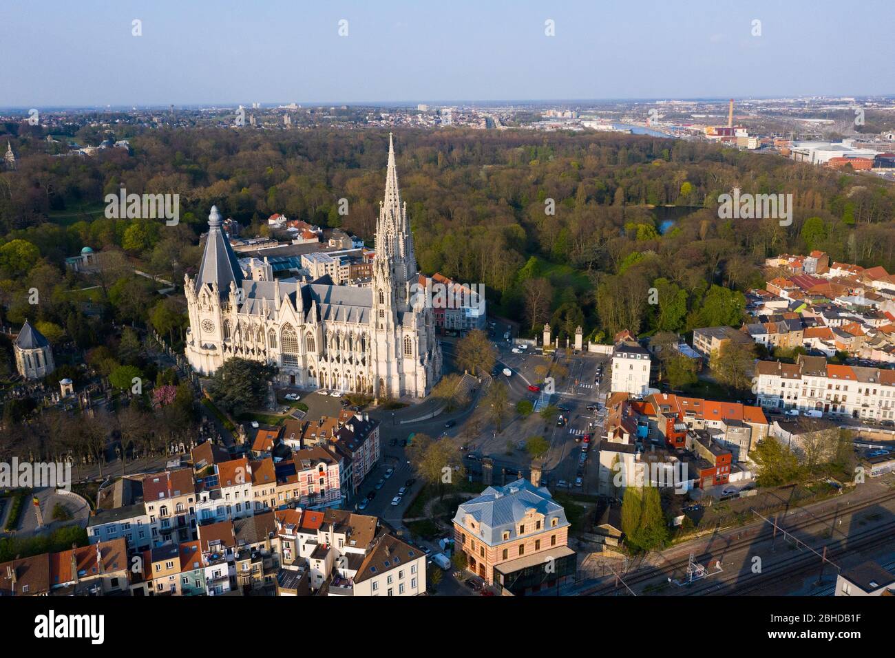 Brussels, Laeken, Belgium, April 8, 2020: aerial view of the Church of Our Lady of Laeken - Église Notre-Dame de Laeken Stock Photo