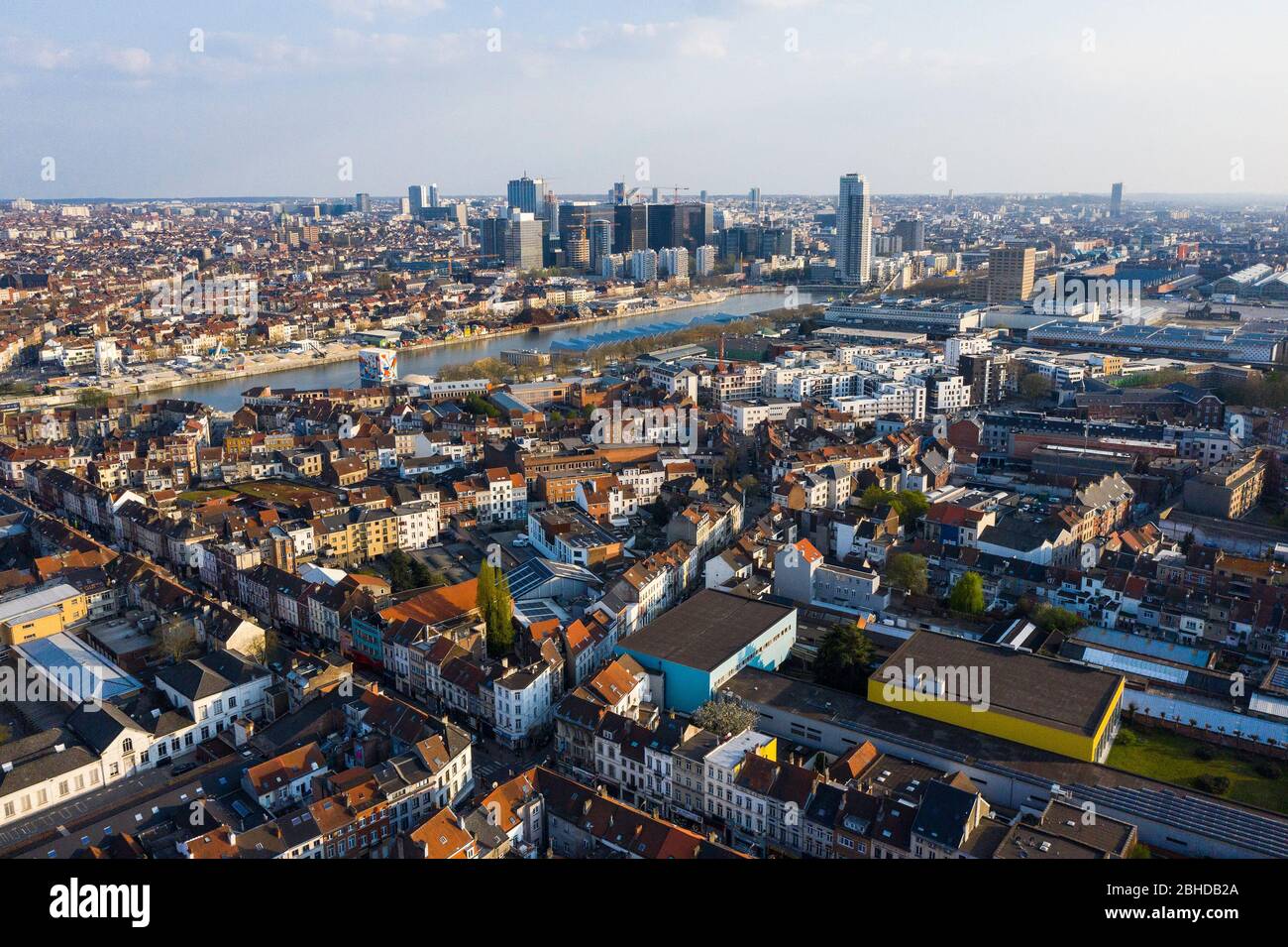 Brussels, Laeken, Belgium, April 8, 2020: Aerial view of Laeken street with tram rails Stock Photo