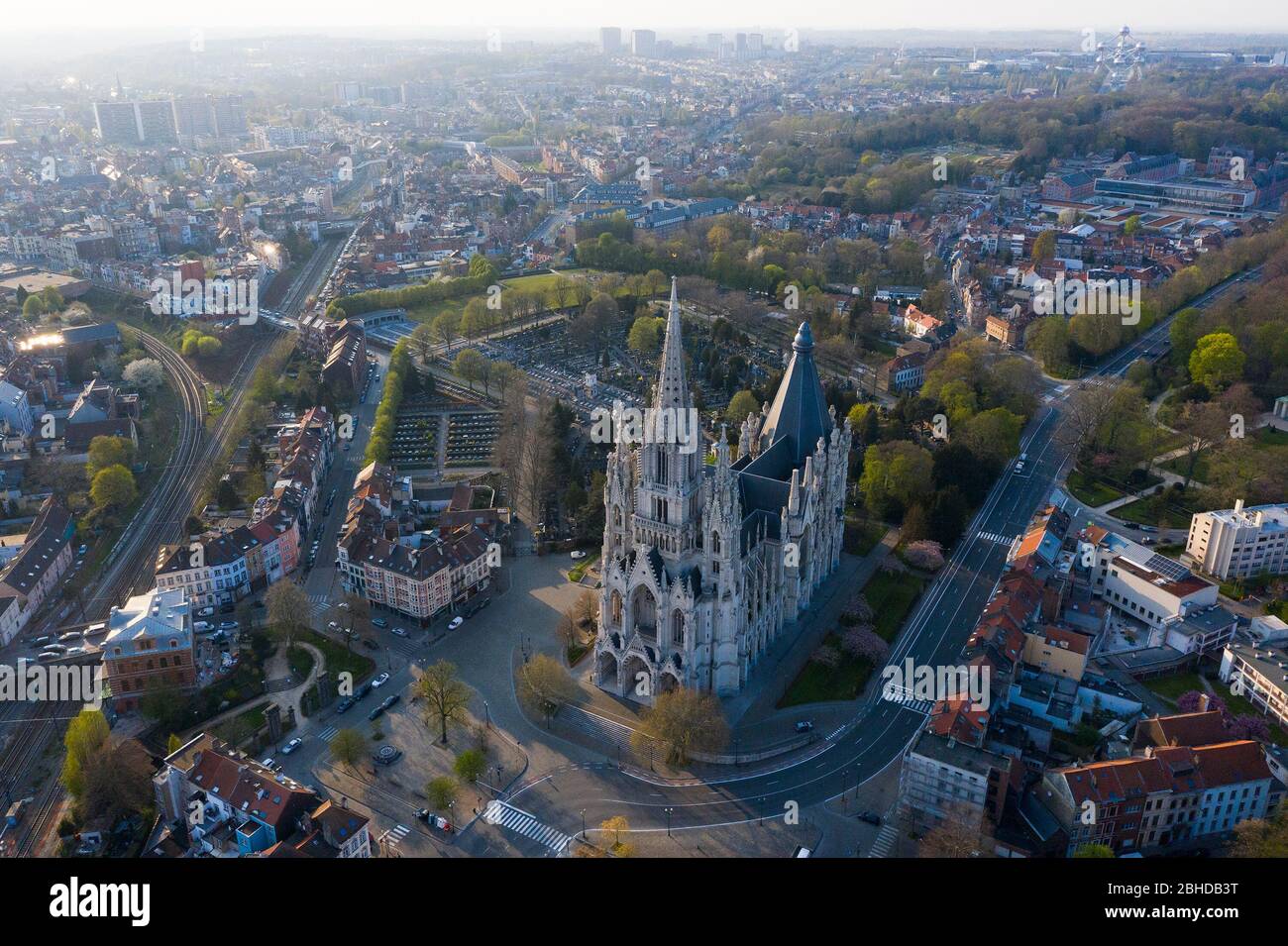 Brussels, Laeken, Belgium, April 8, 2020: aerial view of the Church of Our Lady of Laeken - Église Notre-Dame de Laeken Stock Photo