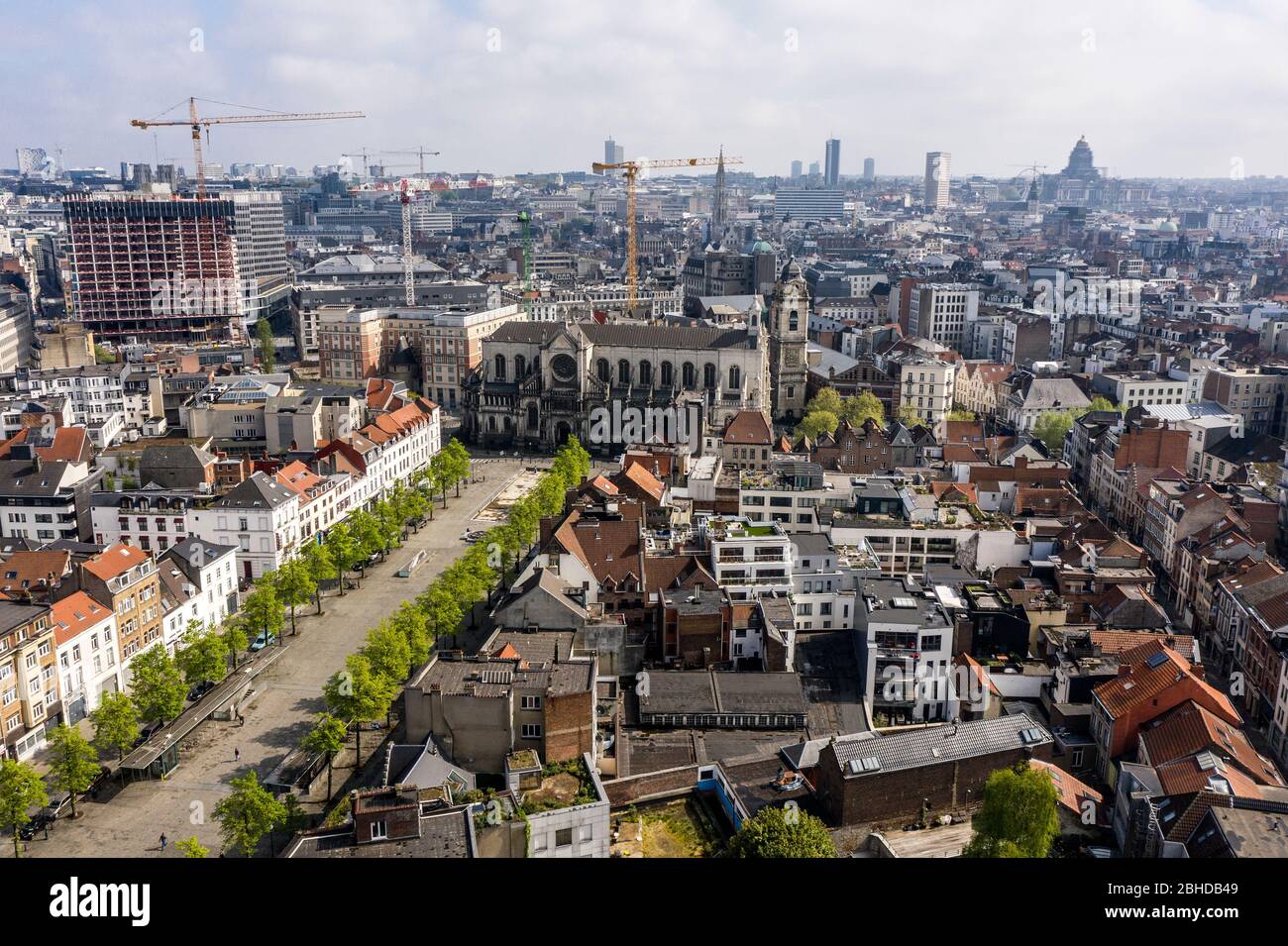 Brussels, Belgium - April 18, 2020 -Aerial view on Quai aux Briques and Sainte-Catherine Church, old and popular quater in Brussels, View During confi Stock Photo