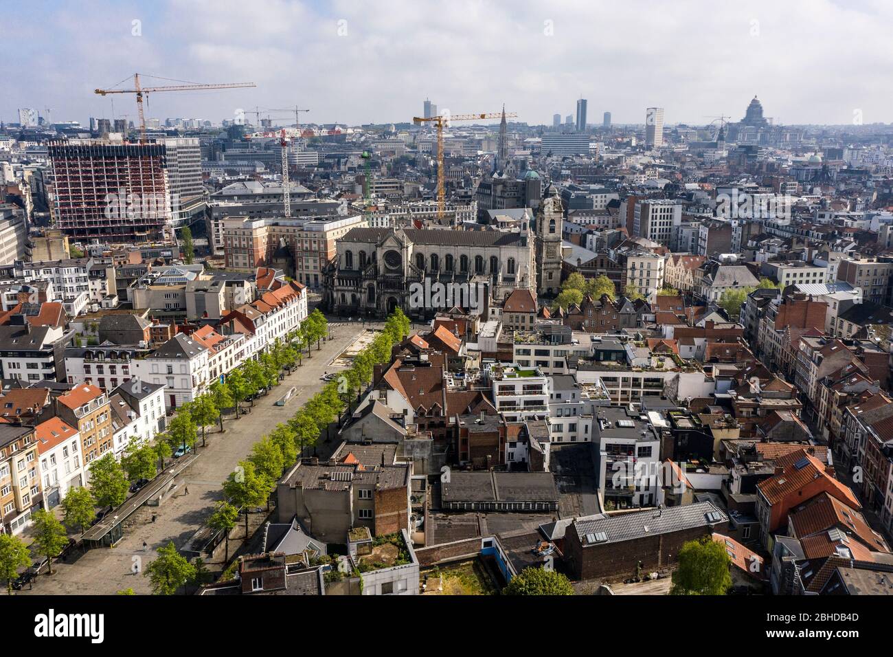 Brussels, Belgium - April 18, 2020 -Aerial view on Quai aux Briques and Sainte-Catherine Church, old and popular quater in Brussels, View During confi Stock Photo