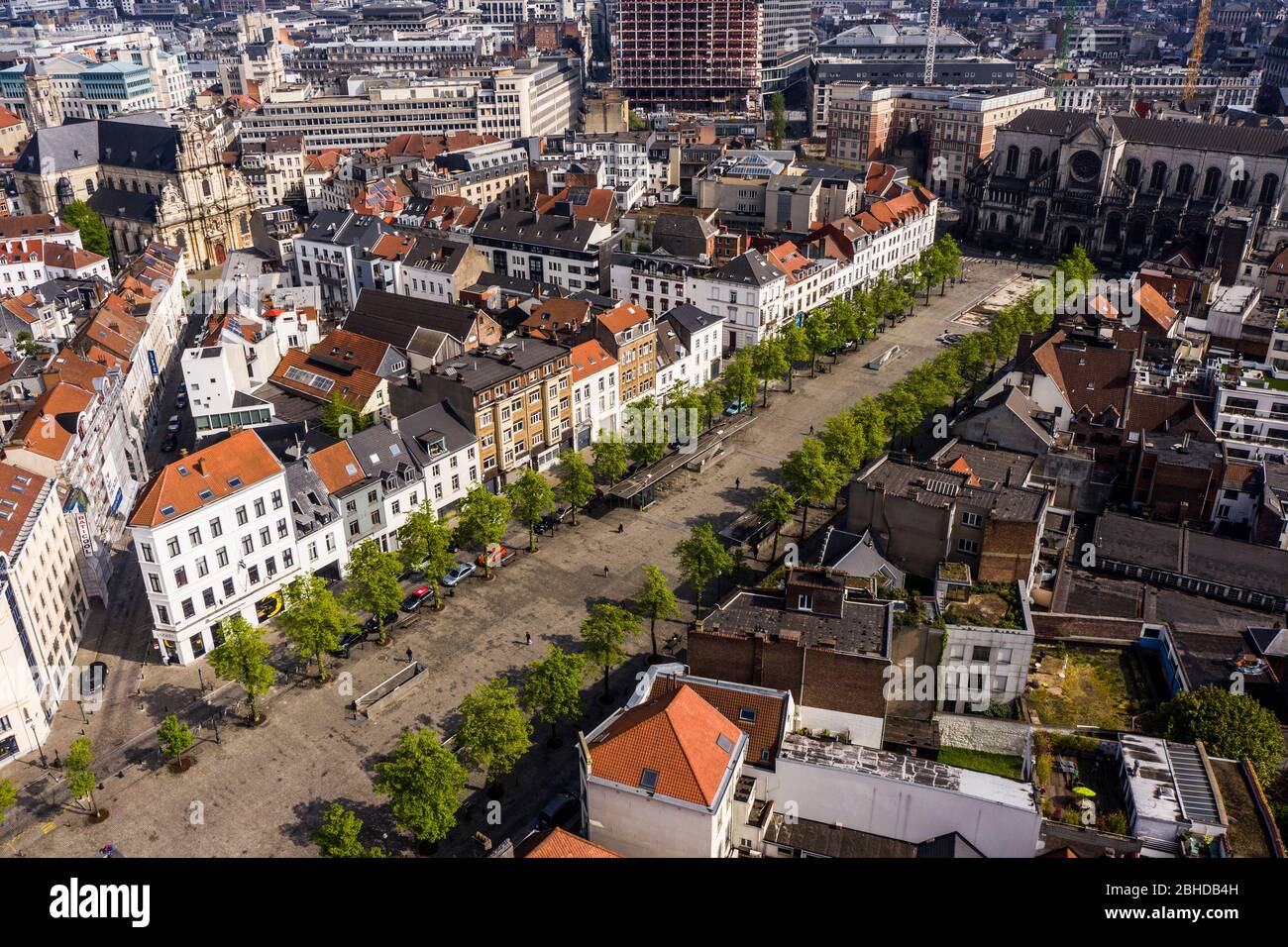 Brussels, Belgium - April 18, 2020 -Aerial view on Quai aux Briques and Sainte-Catherine Church, old and popular quater in Brussels, View During confi Stock Photo